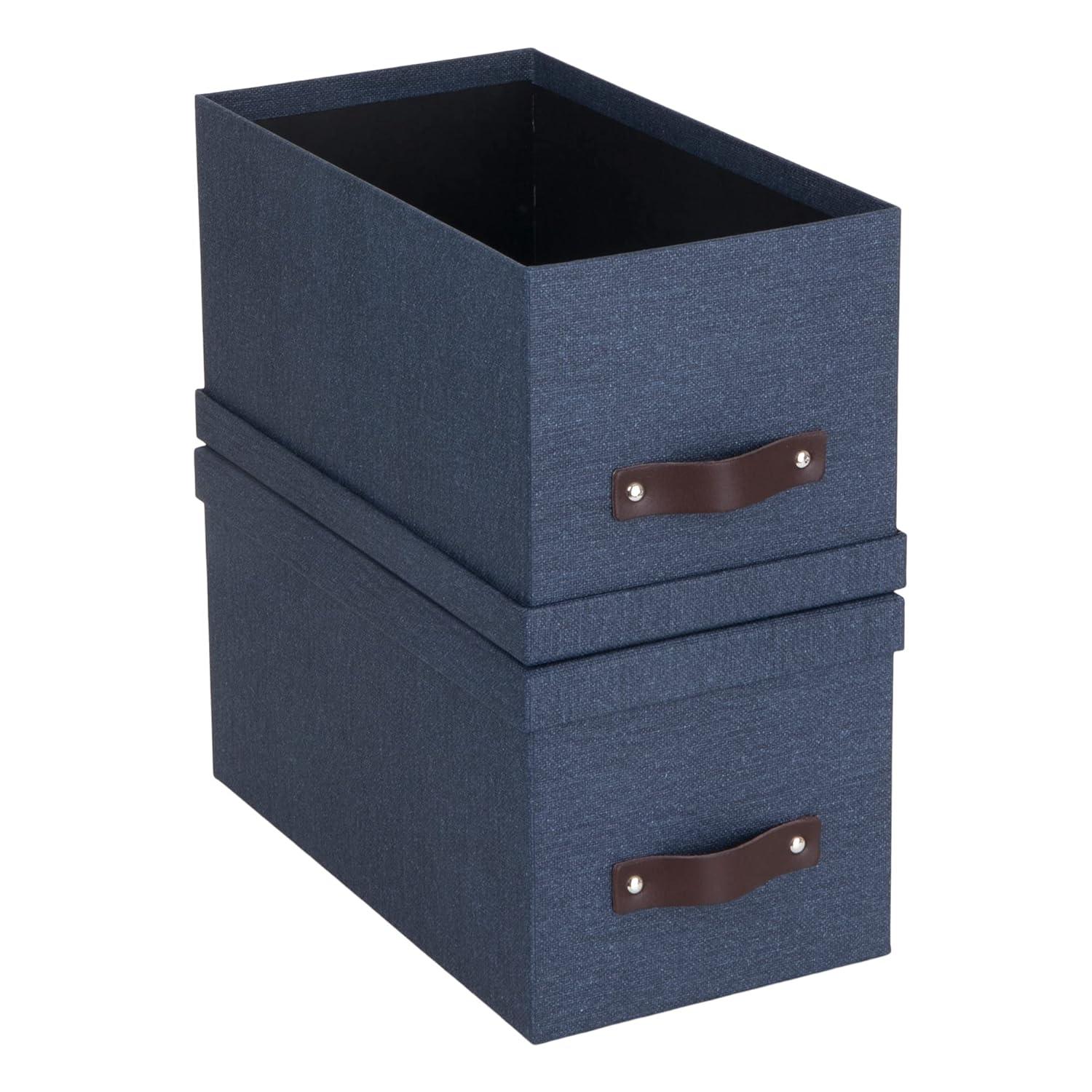 Bigso Box of Sweden Silvia Organizational Storage Box with Leather Handle for Shelves and Stacks Easily - Durable and Decorative Storage Boxes with Lids - 5.9 in x 6.5 in x 11.6 in - 2 Pack - Blue