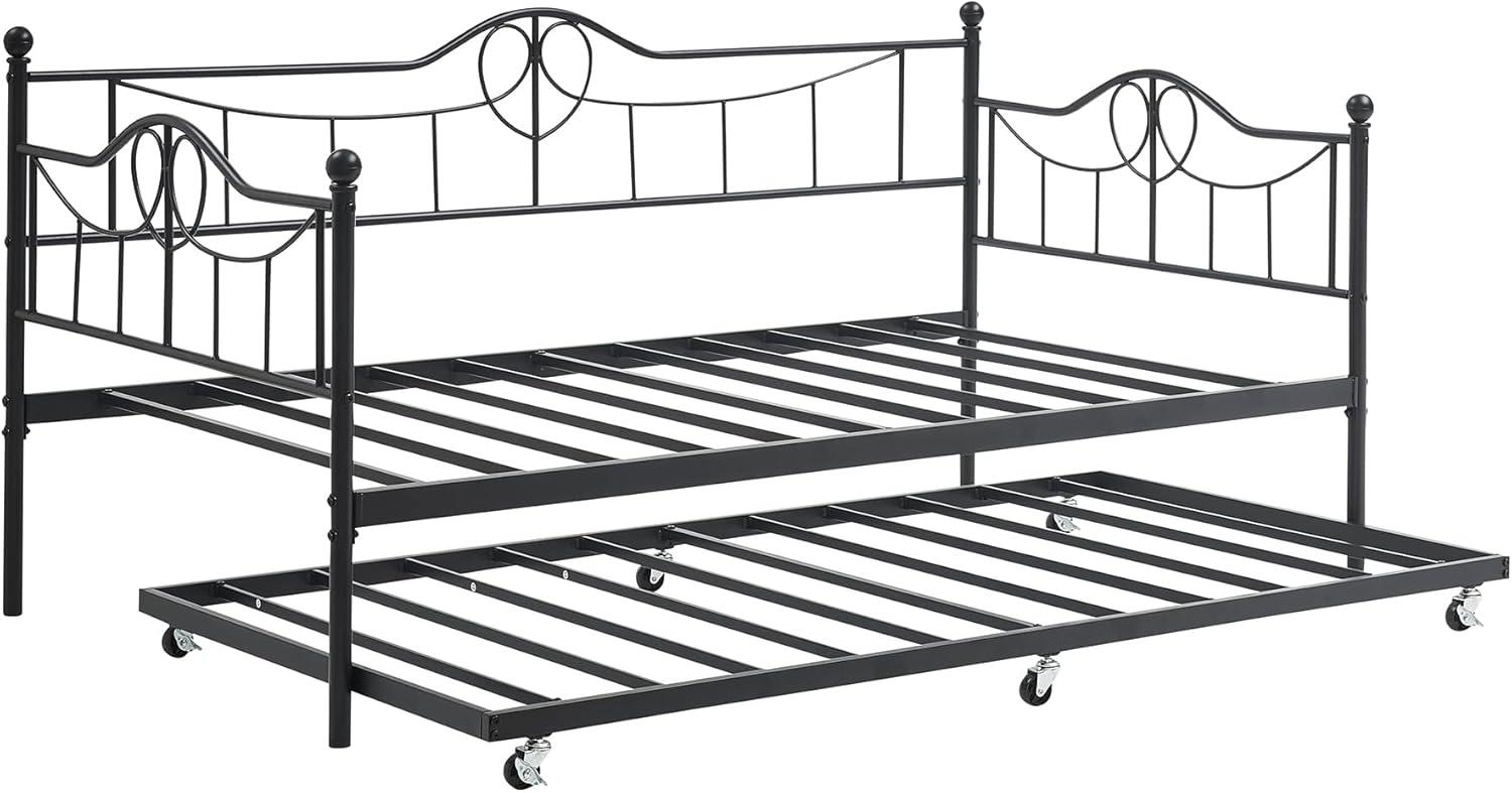 Twin Daybed with Trundle, Metal Day Beds Twin Size, Sofa Bed for Living Room and Guest Room, Black