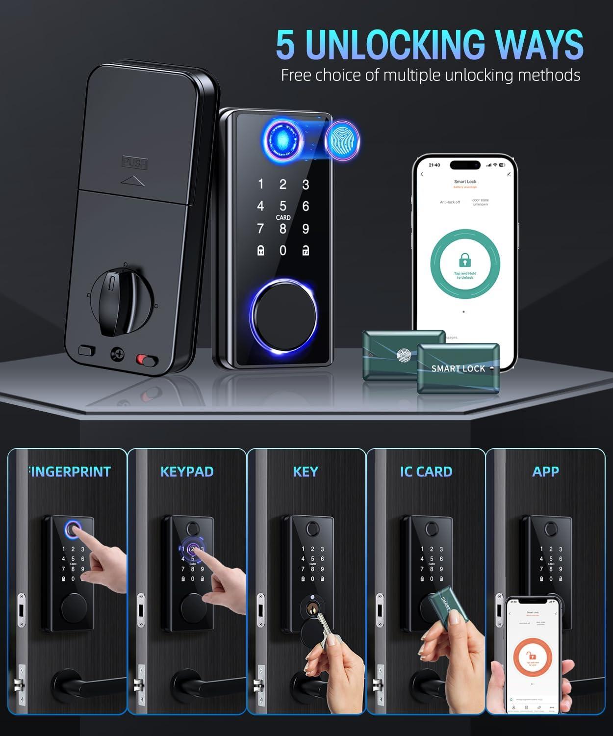 Tilvision Fingerprint Door Lock,Keyless Entry Deadbolt with App Control,Touchscreen Keypad - Auto Lock & IP65 Waterproof - Smart Door Lock for Front Door,Home,Office