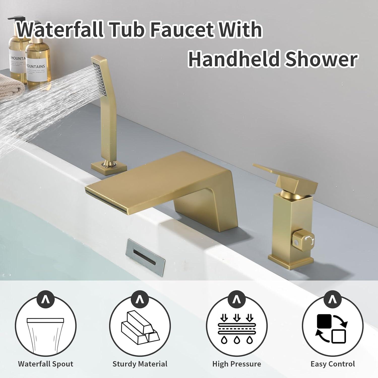 Brushed Gold Single Handle Waterfall Tub Faucet with Hand Shower