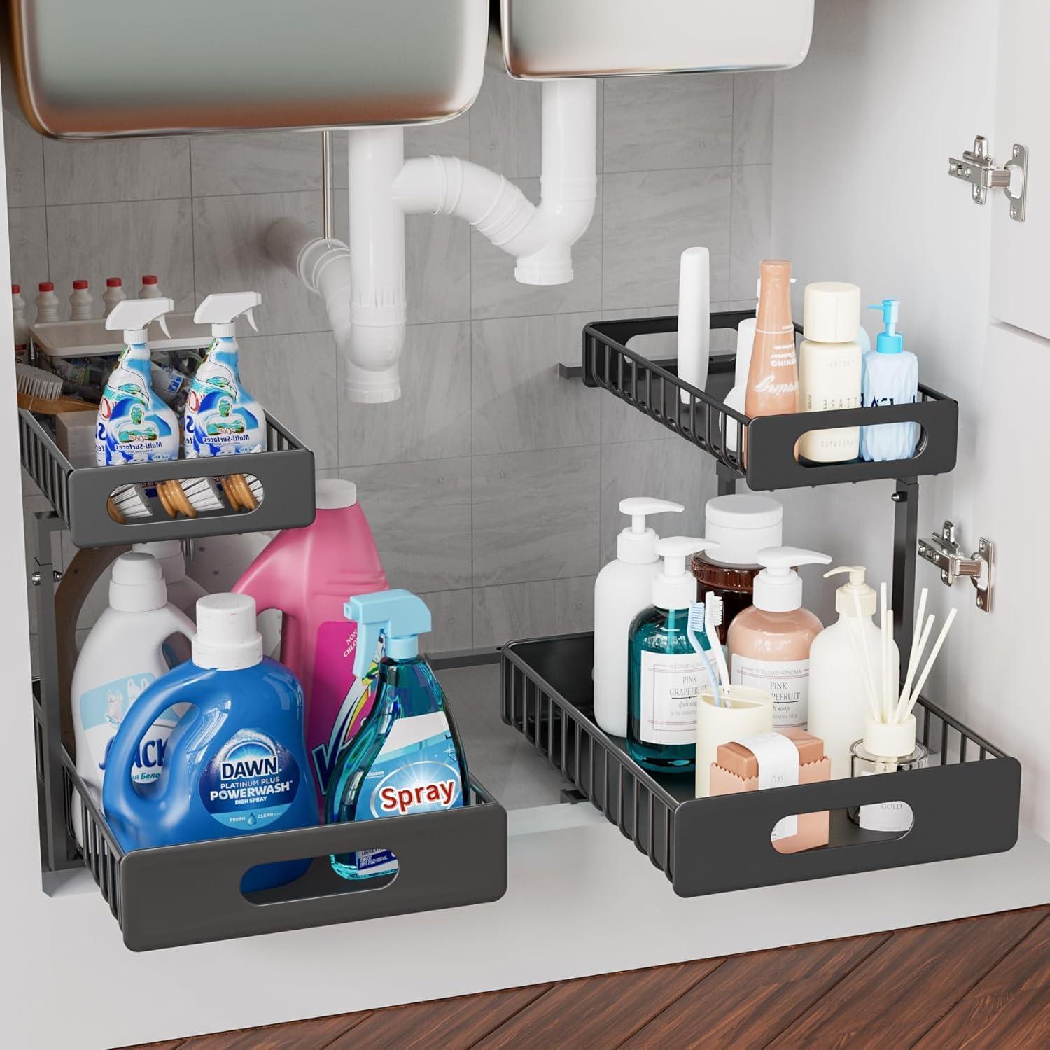 Rebrilliant Under Sink Organizer, 2 Tier Under Sink Organizers And Storage, Metal Slide Out Pull Out Cabinet Organizer ,2 Pack Sliding Drawer Organizer For Kitchen Bathroom Pantry