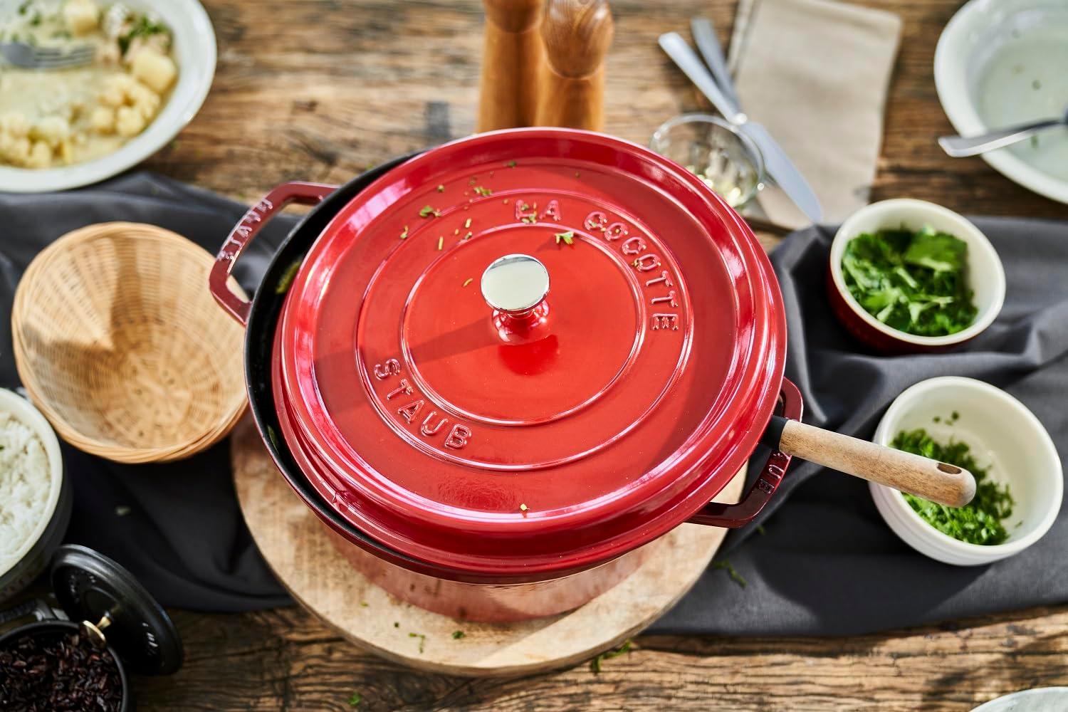 Staub Cast Iron Round Cocotte, Dutch Oven, 7-quart, serves 7-8, Made in France, Cherry