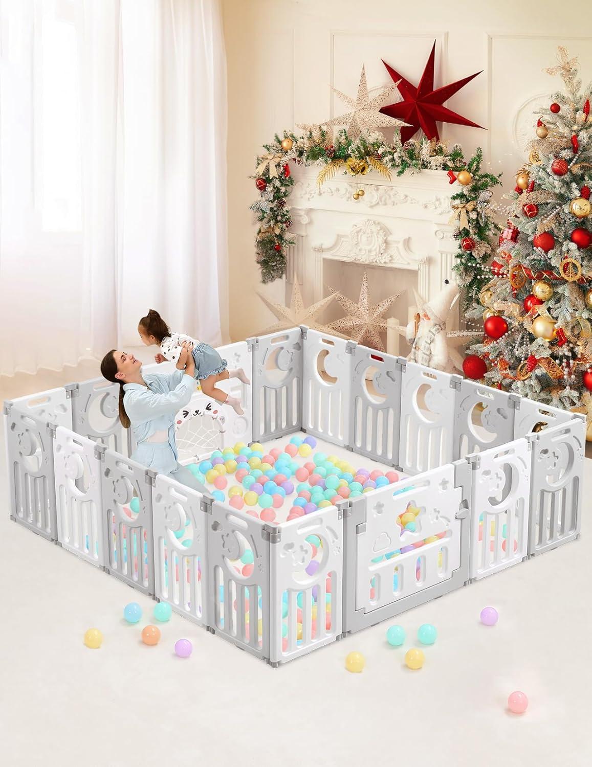 Baby Playpen, Dripex Foldable Playpen for Babies and Toddlers, Custom Shape Baby Fence, Safety Play Yard with Gate, Portable Play Area for Indoor or Outdoor, Grey White, 18 Panel