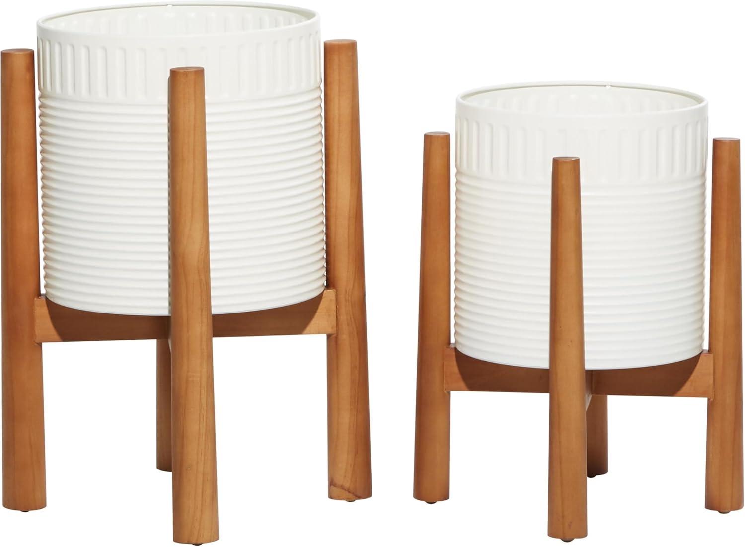 Set of 2 White/Brown Metal & Wood Corrugated Planters - Olivia & May, Indoor/Outdoor, Round, No Assembly