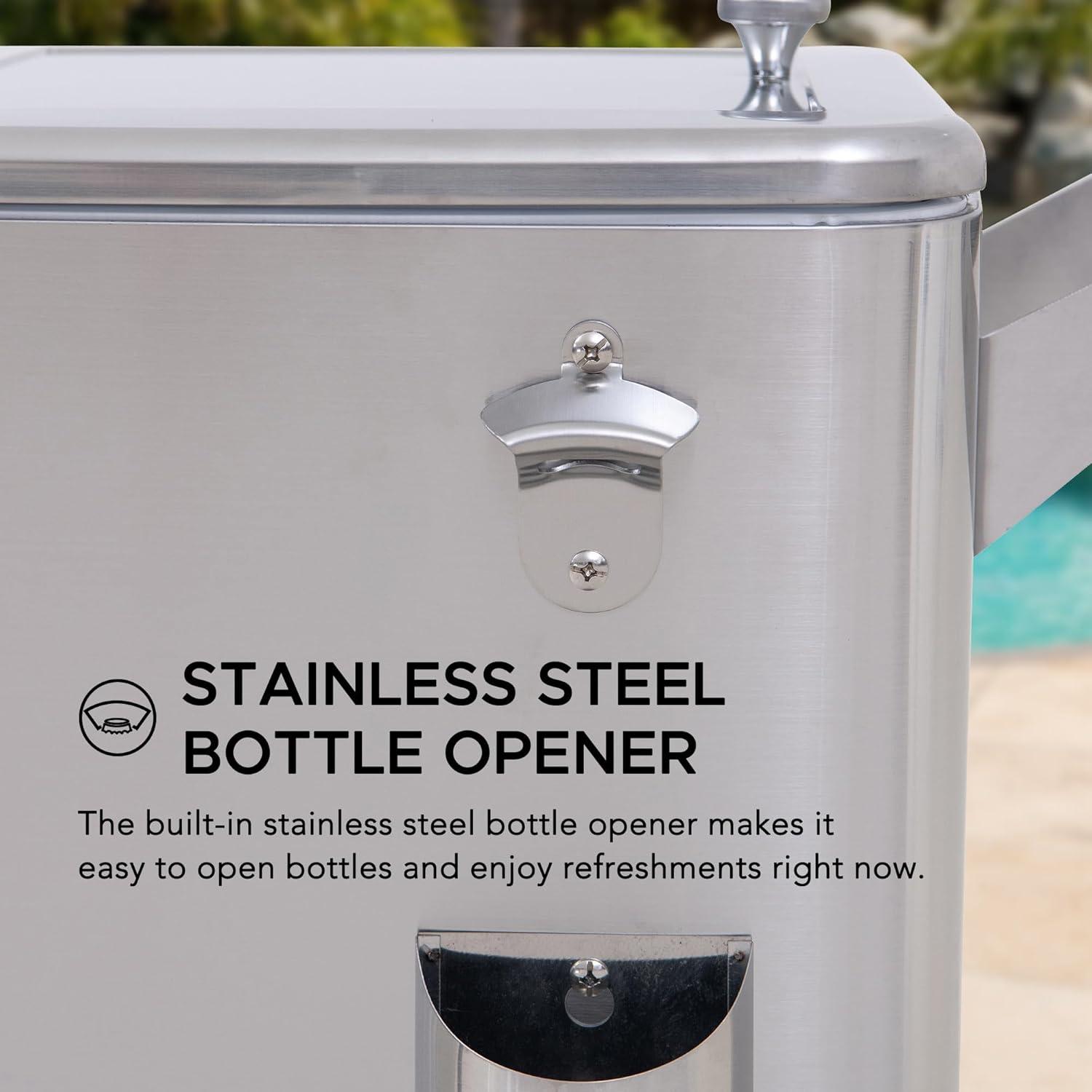 Sunjoy Sunjoy 80 Quart Patio Cooler Cart Stainless Steel Rolling Ice Chest With Steel Bottle Opener, Shelf And Lockable Wheels