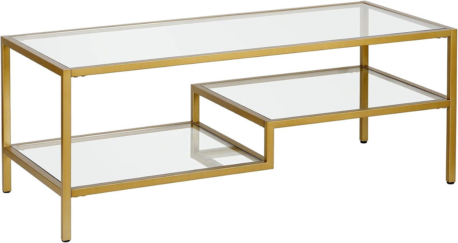 Contemporary Brass and Glass Double-Tiered Coffee Table