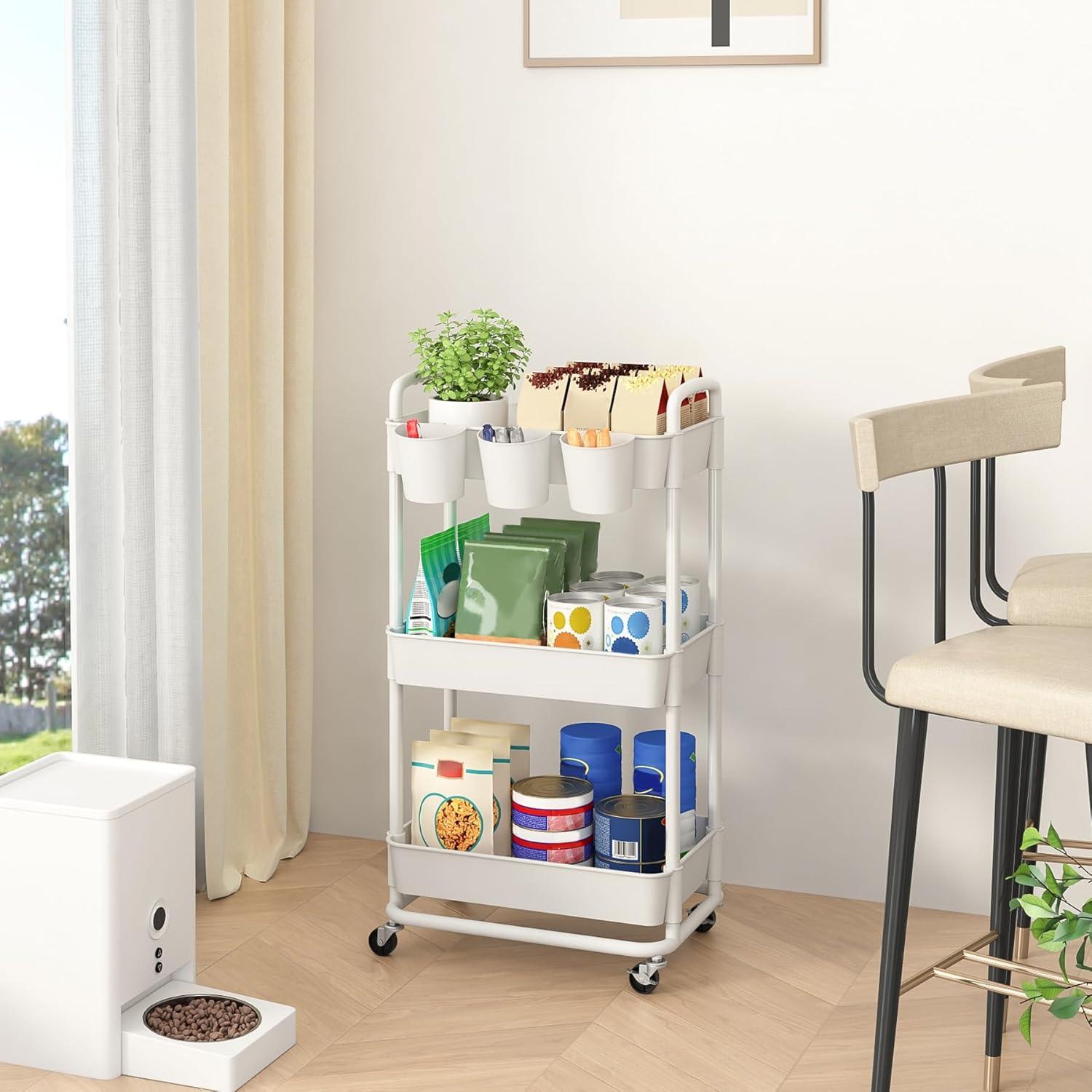 JIUYOTREE 4-Tier Plastic Rolling Storage Cart Utility Cart with Extra Hanging Cups Handles Lockable Wheels for Living Room Bathroom Kitchen Office Green
