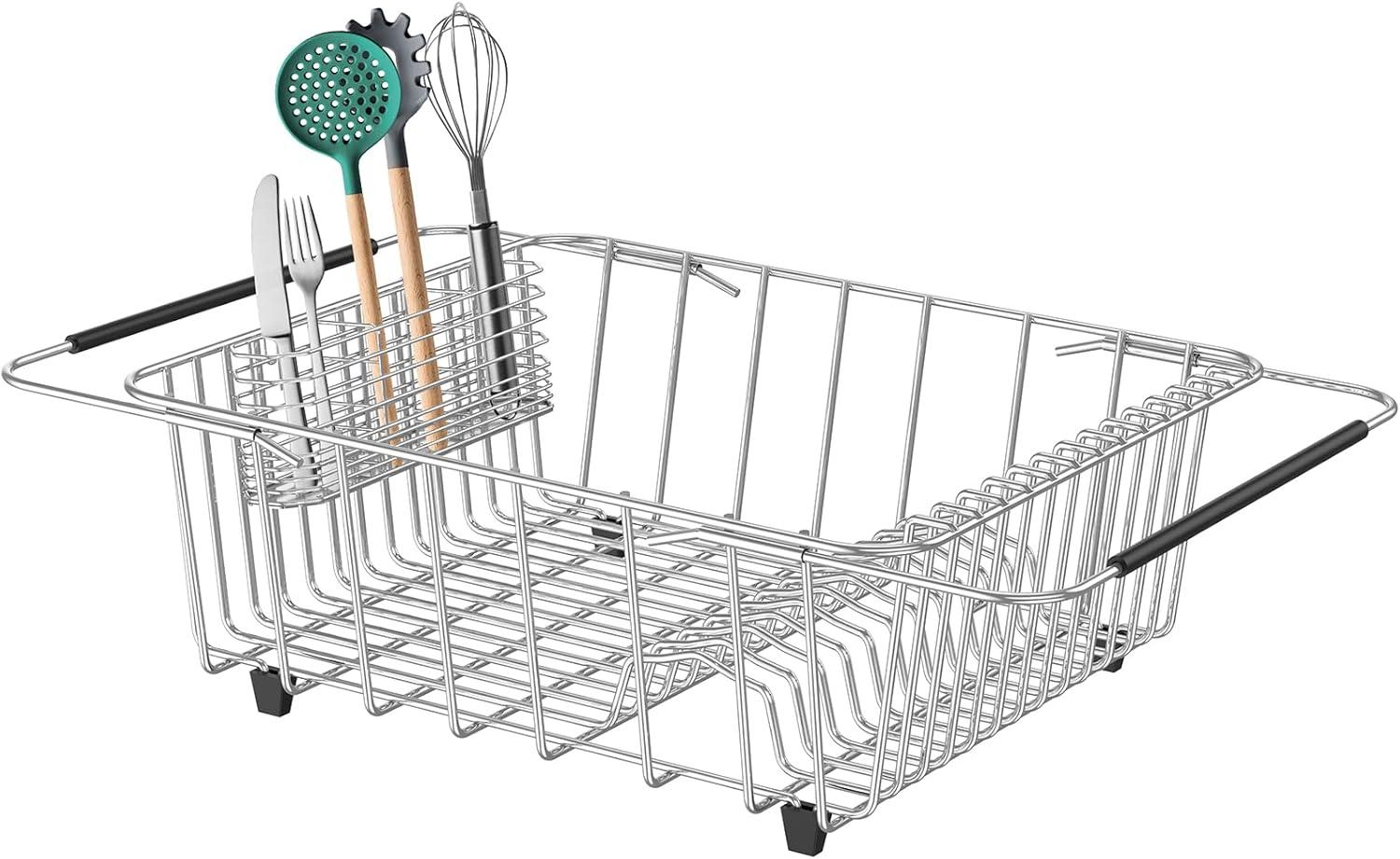 Expandable Sink Dish Drying Rack for Kitchen Counter,Durable 304 Stainless Steel Dish Drainer with Utensil Holder Over Sink,with Utensil Holder-Large(for 2-5 People)
