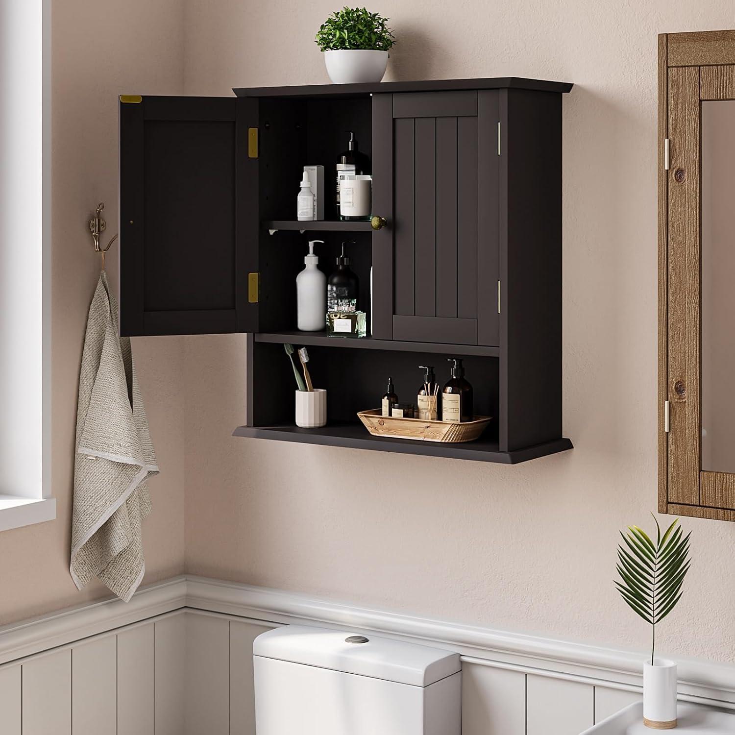 Semiocthome Bathroom Medicine Cabinet Wood 2 Doors Wall Cabinet over the Toilet Storage in Brown