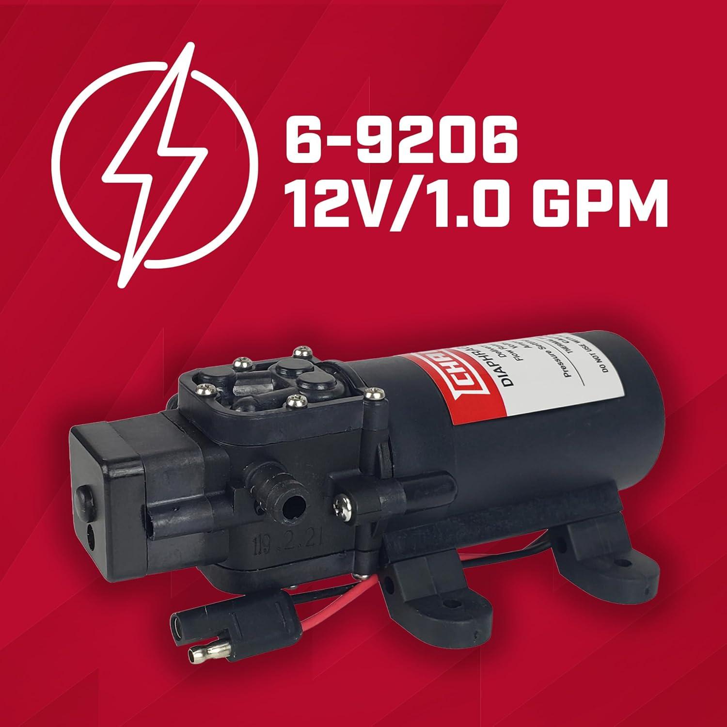 Chapin 6-9219 12V/1.0 GPM 60 PSI Self-Priming Diaphragm Water Pump for ATVs, Marine, Boating, Water Supply, Camping, RV Recreation & Boom Spray Systems, Black