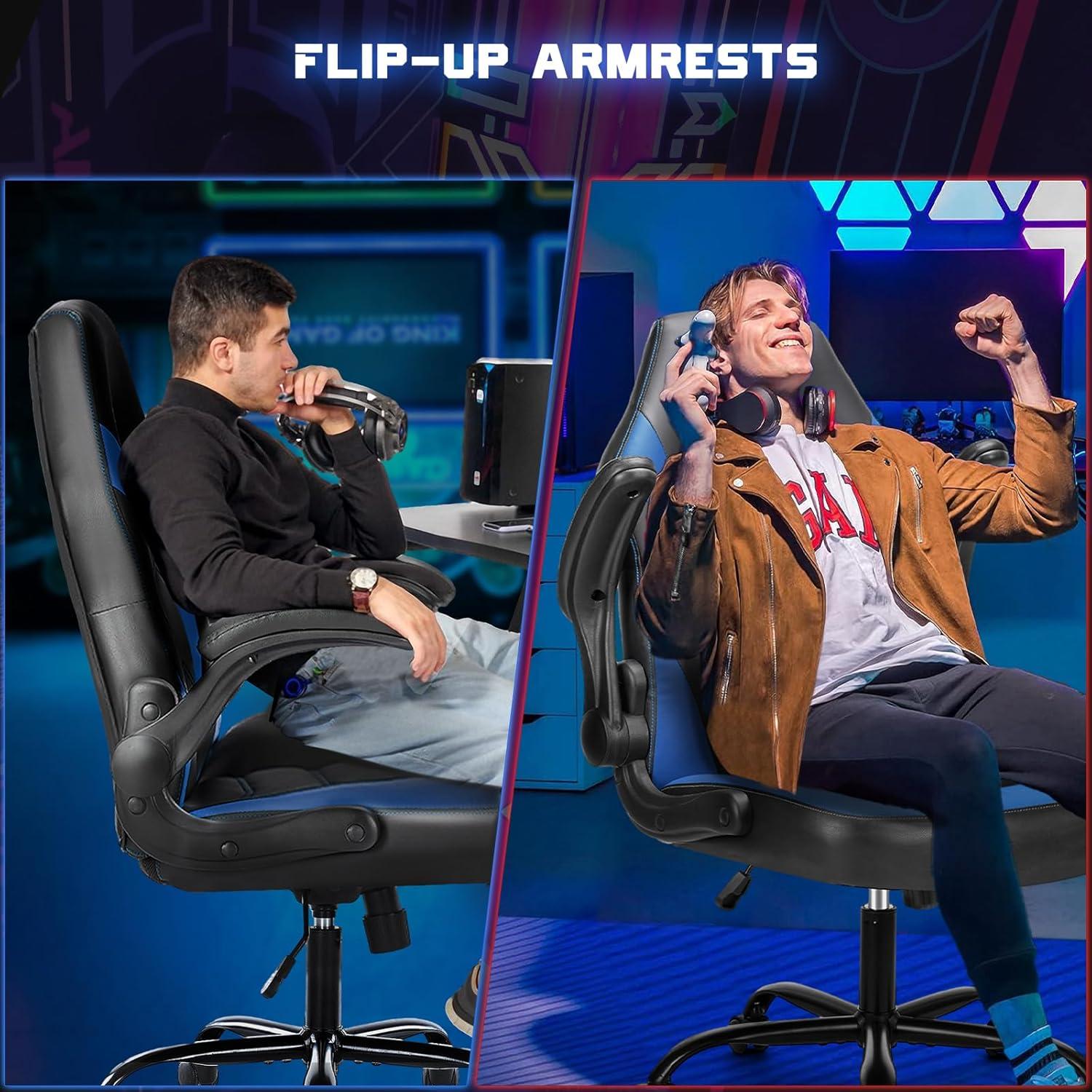 Domiluxe Ergonomic Computer Gaming Chair - Home Office Desk with PU Leather Lumbar Support,Height Adjustable with Flip-up Armrest,Swivel Wheels for Adults and Teens,Black＆Red