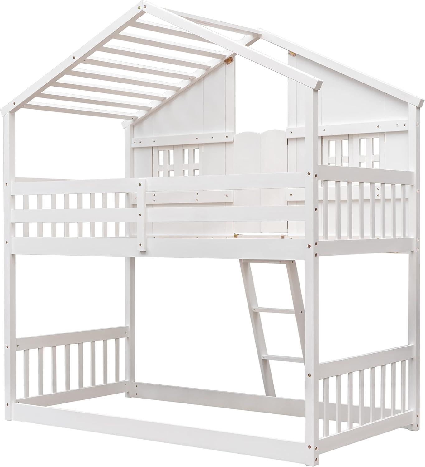 Harper & Bright Designs House Bunk Bed Twin Over Twin Kids Bunk Bed Wood Frame with Roof, Window, Window Box, Door, Safety Guardrails and Ladder, for Girls Boys (Twin Size, White)