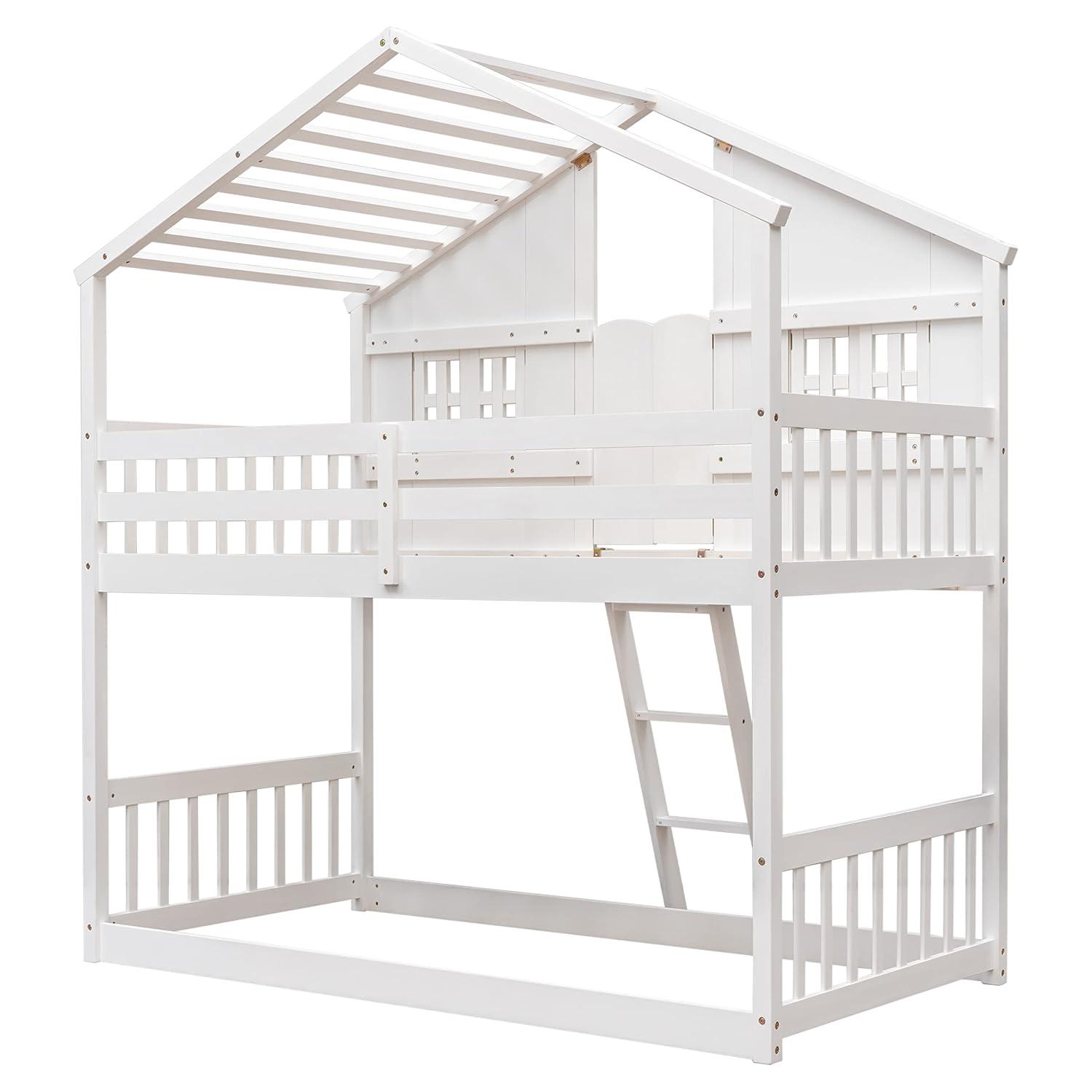 Harper & Bright Designs House Bunk Bed Twin Over Twin Kids Bunk Bed Wood Frame with Roof, Window, Window Box, Door, Safety Guardrails and Ladder, for Girls Boys (Twin Size, White)