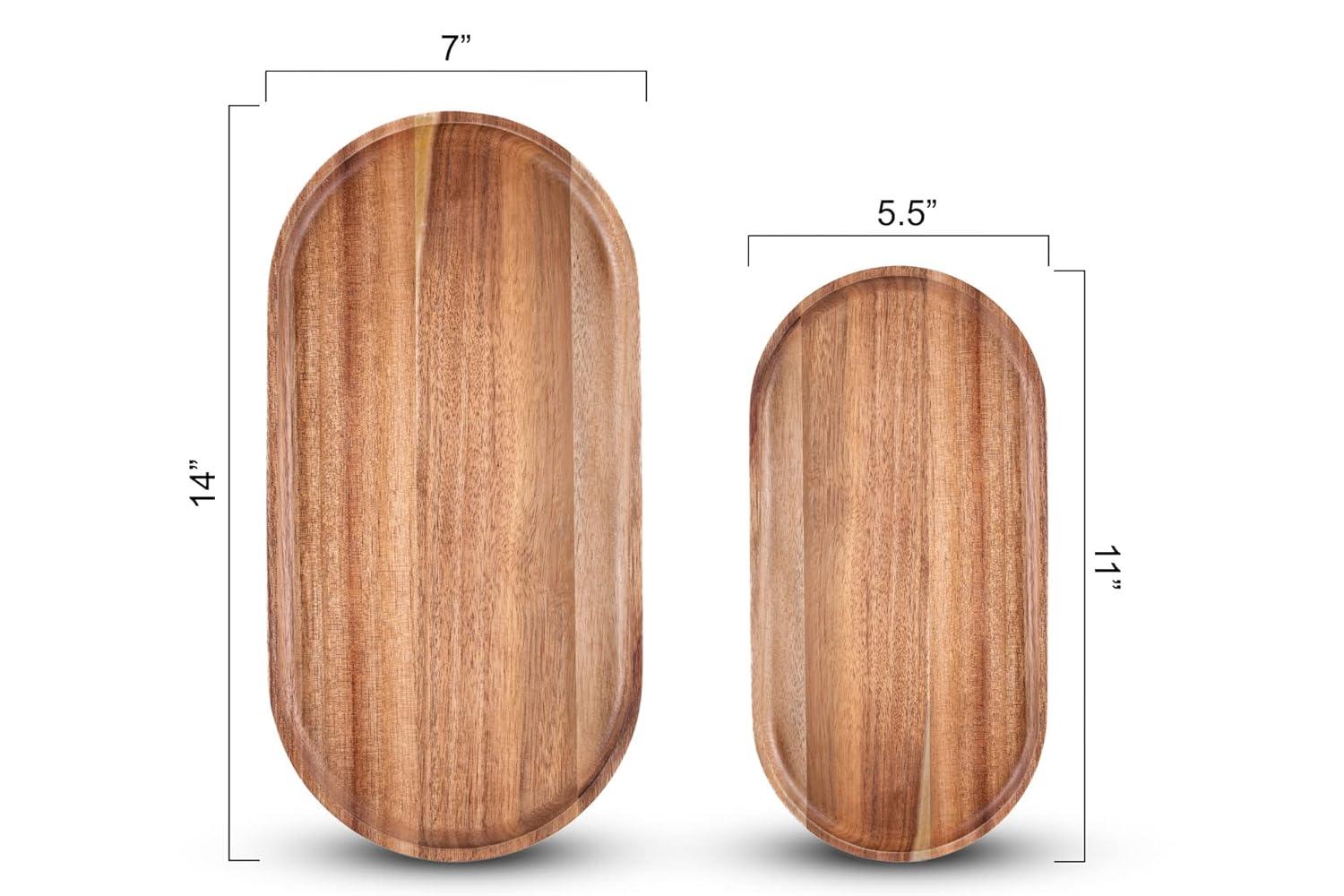SPEShh Acacia Wooden Serving Trays Set of 2 - Rectangular Oval Shaped Wood Plates for Charcuterie Cheese Bread Fruit Vegetable Dip Sushi - Rustic Serving Platter Shallow Dishes -14x7 & 11x5.5 In.