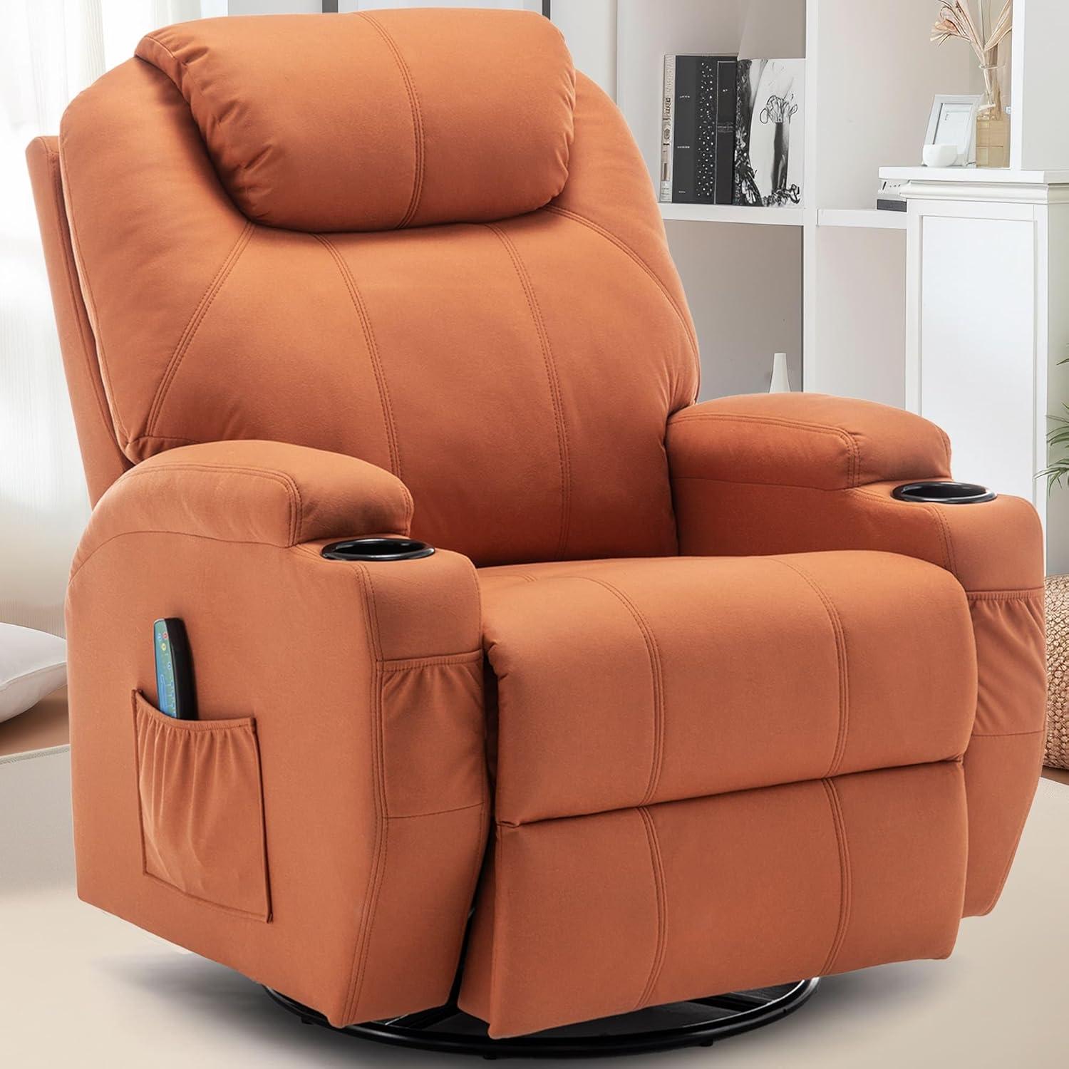 Recliner Chair, Rocking Chair with Massage and Heat, 360° Swivel Recliner Chairs for Adults, Rocker Manual Recliner with Remote Control and Cup Holder for Living Room
