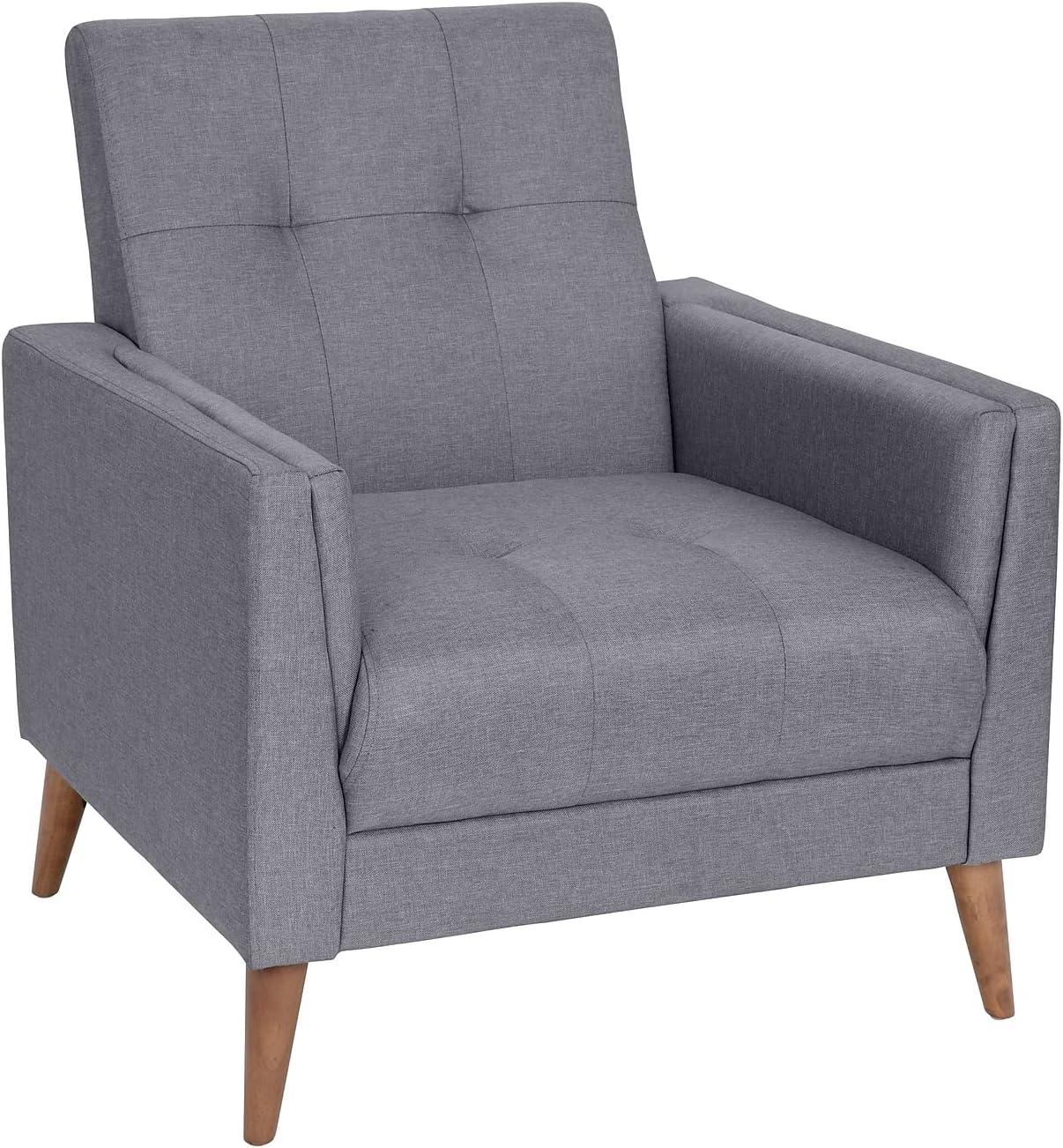 Flash Furniture Conrad Mid-Century Modern Commercial Grade Armchair with Tufted Faux Linen Upholstery & Solid Wood Legs in Slate Gray