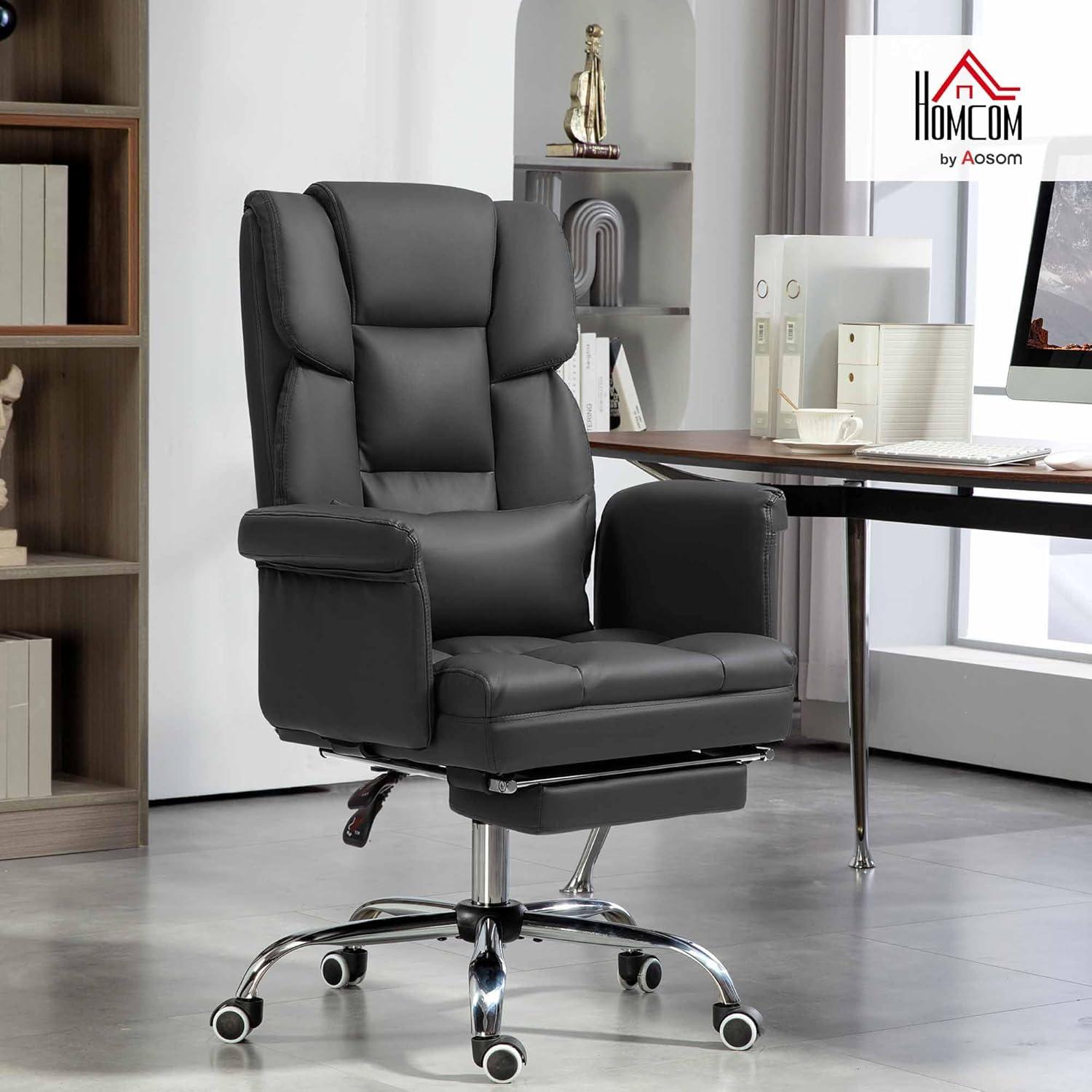 HOMCOM Executive Office Chair with Footrest and Lumbar Support, PU Leather Office Desk Chair, Ergonomic, Reclining and Swivel Chair, Black