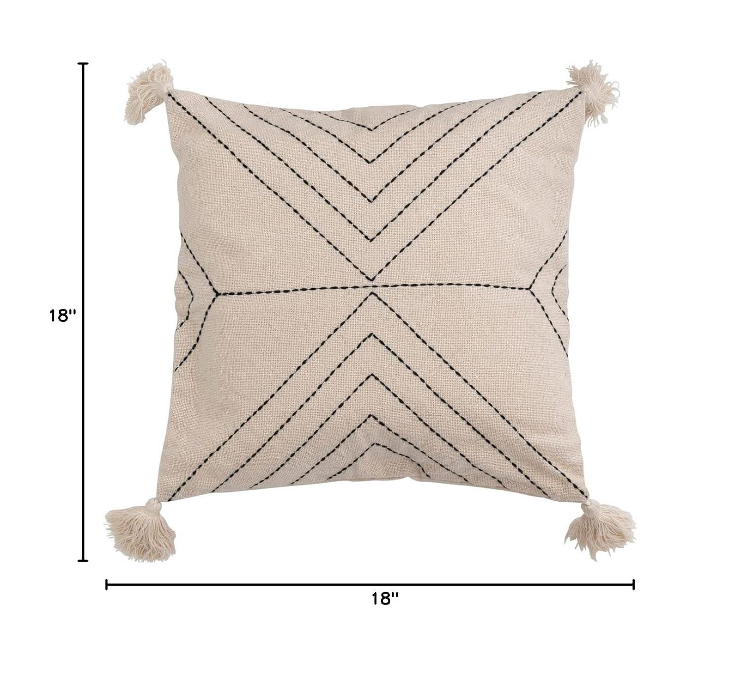 Bloomingville Cotton Blend Embroidered Tassels Pillow, 18" L x 18" W x 2" H, Multicolor