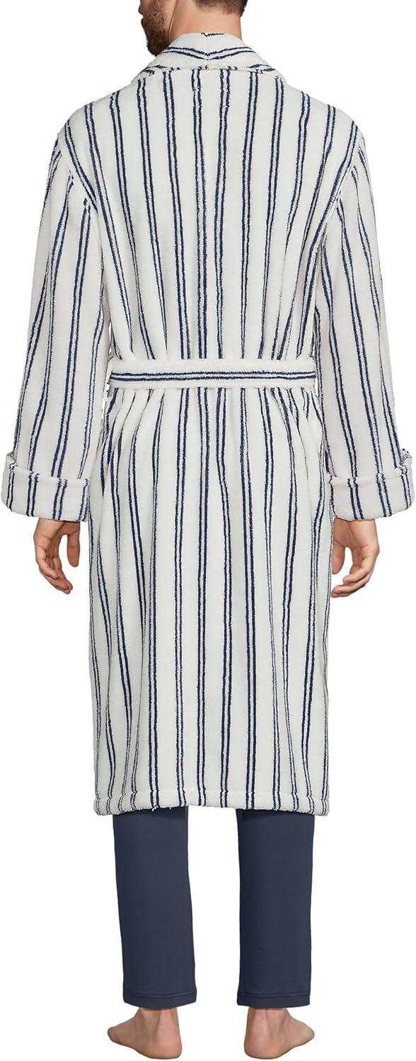 Lands' End Men's Calf Length Pattern Turkish Terry Robe - Large - Egret White Double Stripes