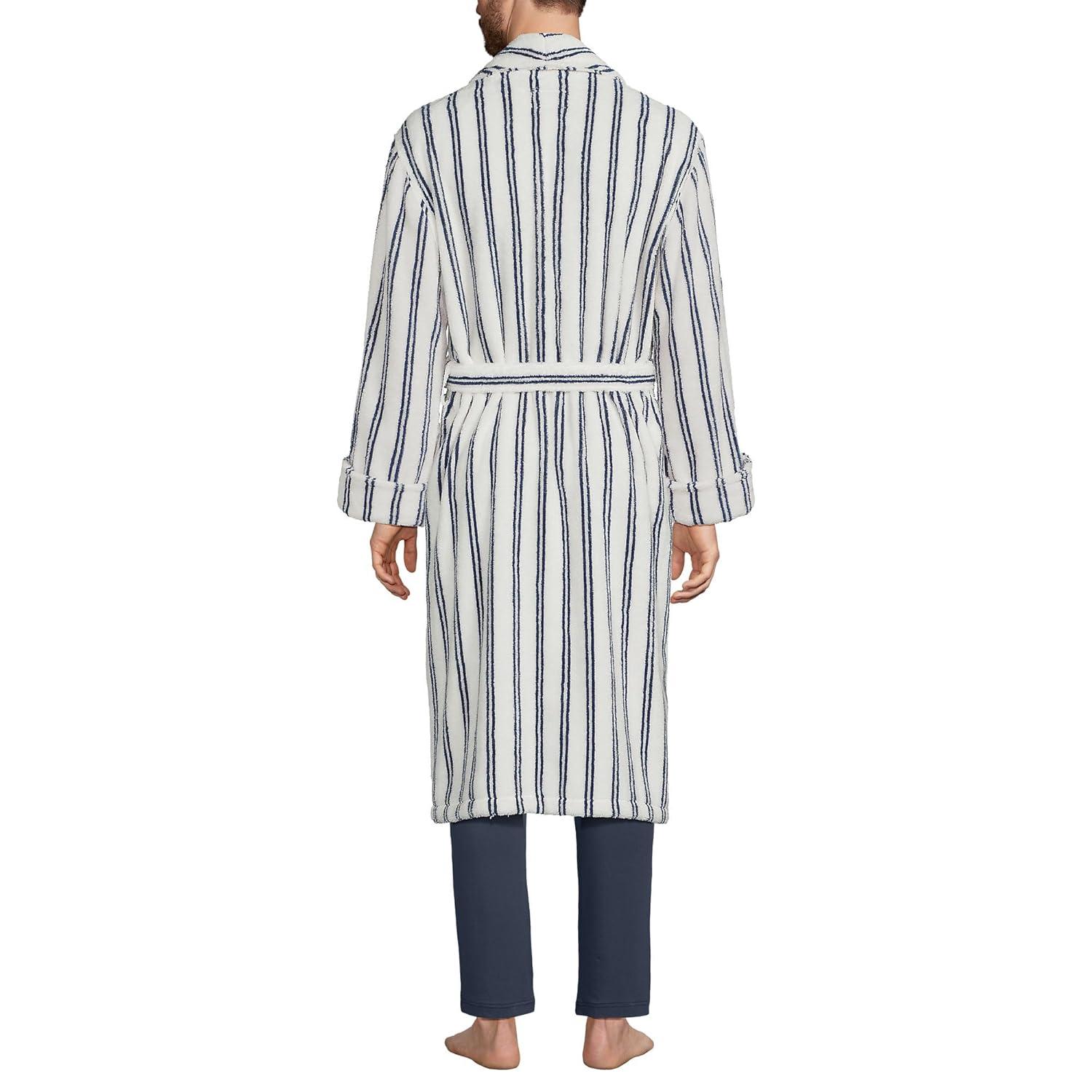 Lands' End Men's Calf Length Pattern Turkish Terry Robe - Large - Egret White Double Stripes