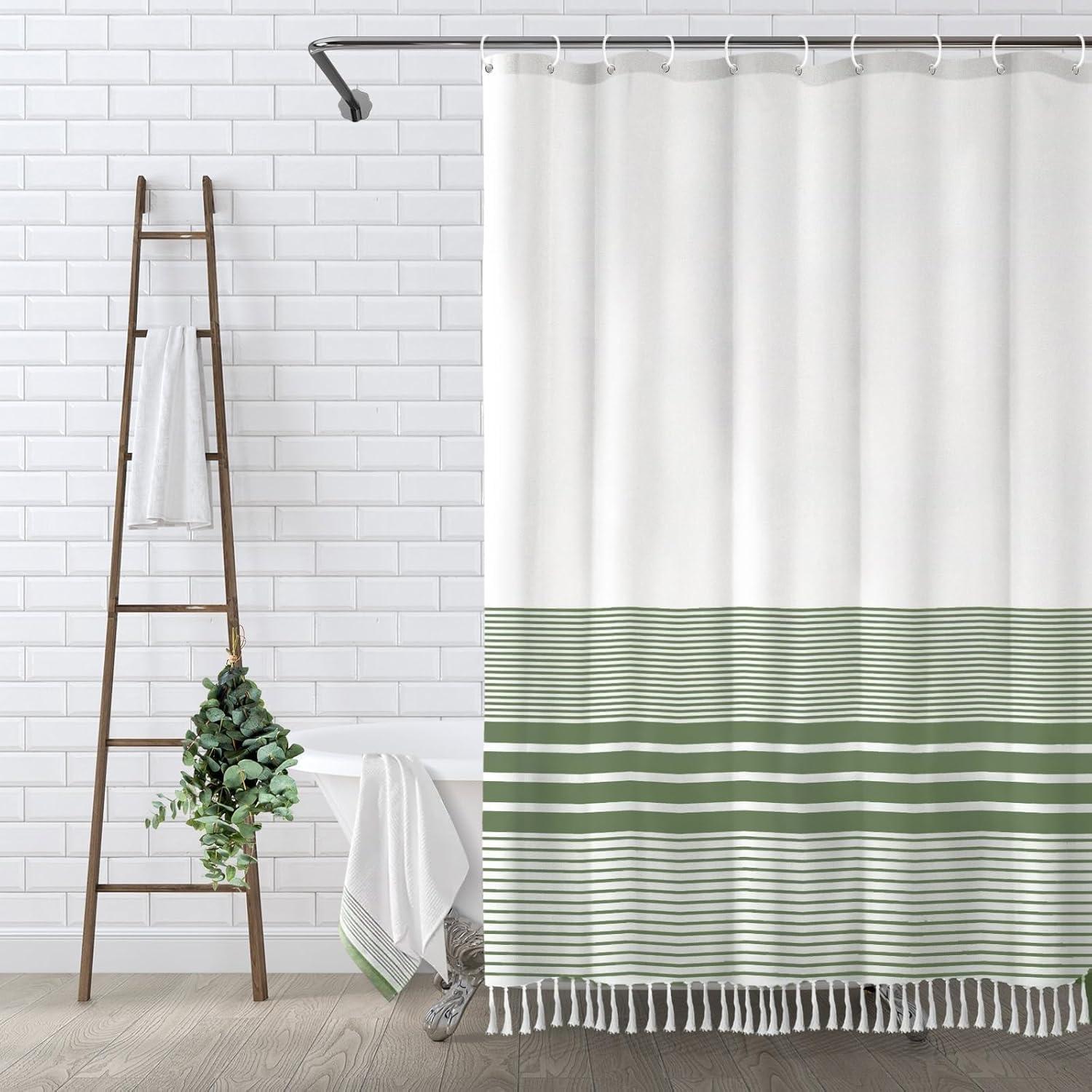 Sage Green and White Striped Boho Shower Curtain with Tassels