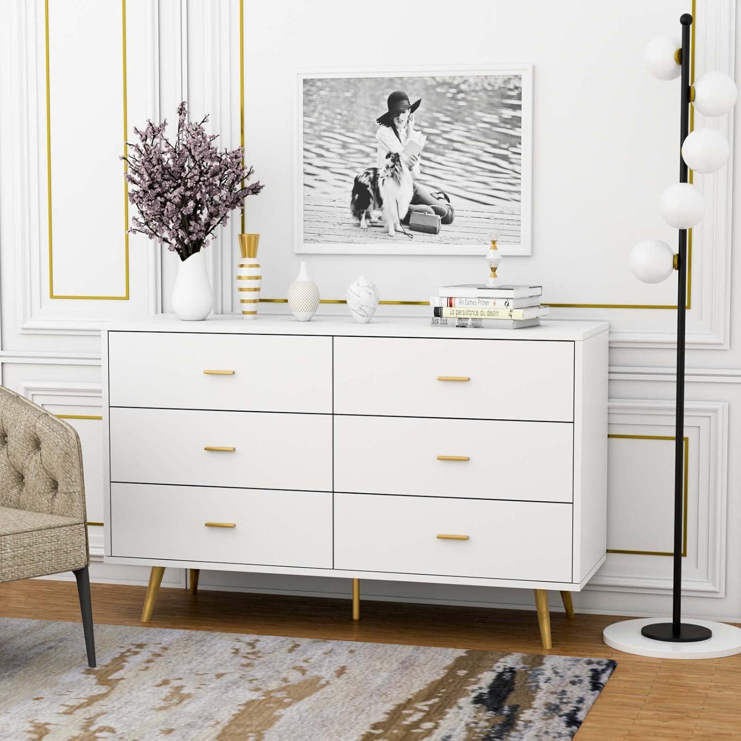JOZZBY White Dresser, 6 Drawer Dresser for Bedroom with Wide Drawers and Metal Handles, Modern Wood Storage Chest of Drawers for Living Room Hallway Entryway