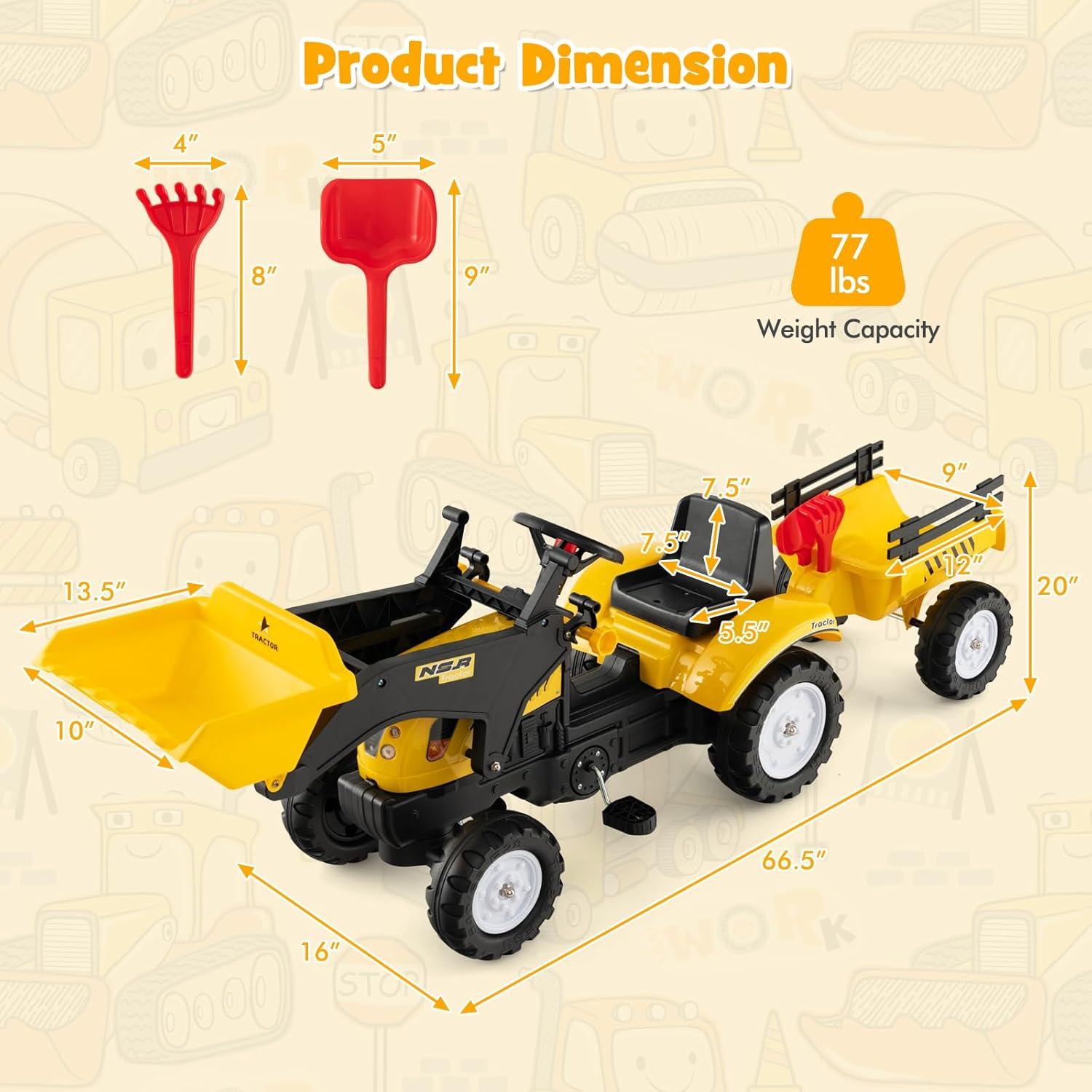 Yellow Pedal Ride-On Excavator with Detachable Trailer