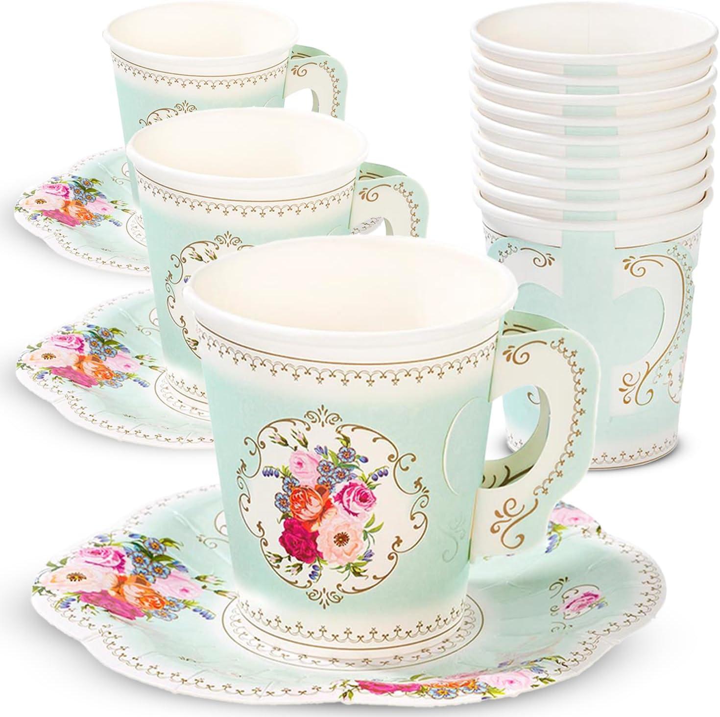 Mint Green Floral Disposable Tea Cups with Saucers, 12 Count