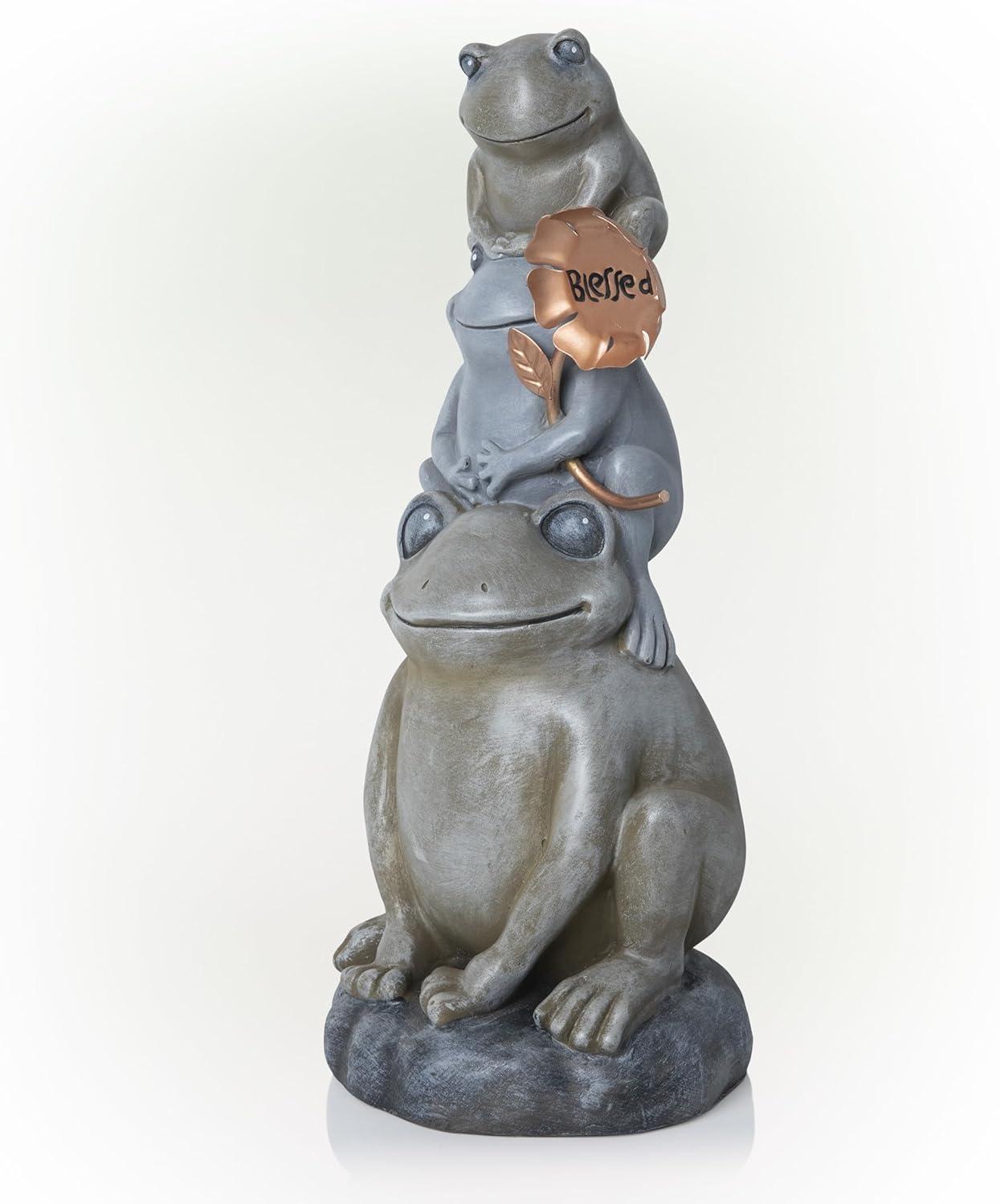 18" Polyresin Stacked Frogs with Flower Indoor/Outdoor Decorative Garden Statue Heathered Gray/Olive Green - Alpine Corporation