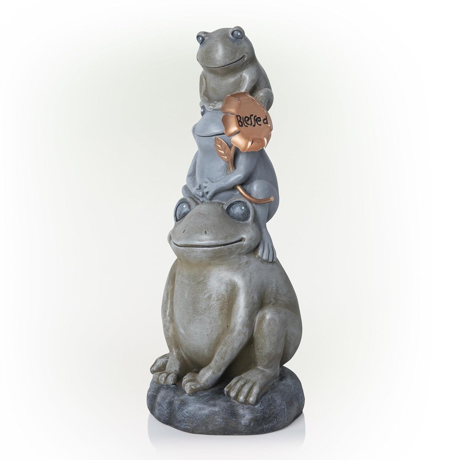 18" Polyresin Stacked Frogs with Flower Indoor/Outdoor Decorative Garden Statue Heathered Gray/Olive Green - Alpine Corporation