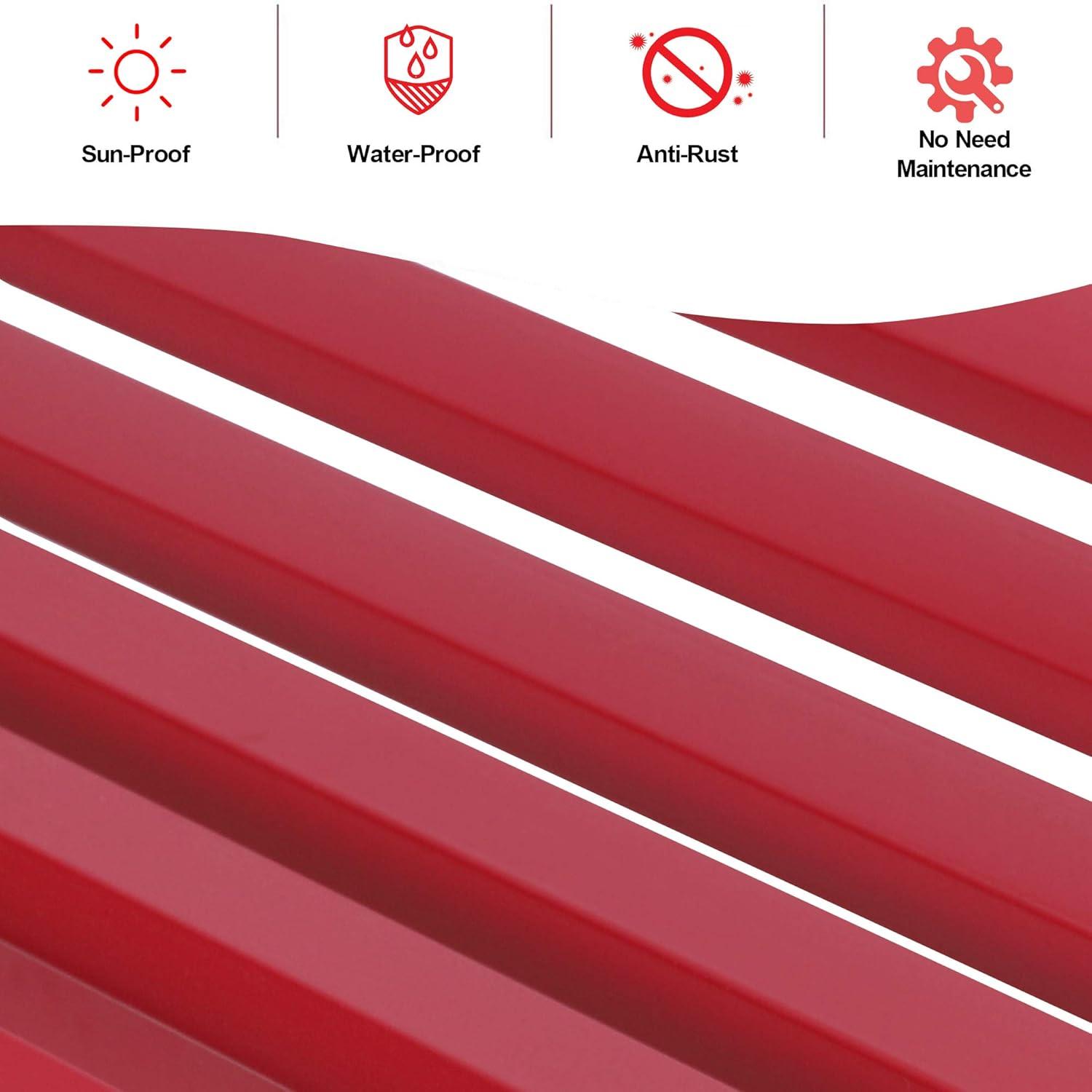 PHI VILLA Outdoor Garden Bench, 48” Long Metal Steel Bench with Backrest and Armrests, Modern Slatted Design for Patio, Lawn, Yard, Porch - Red