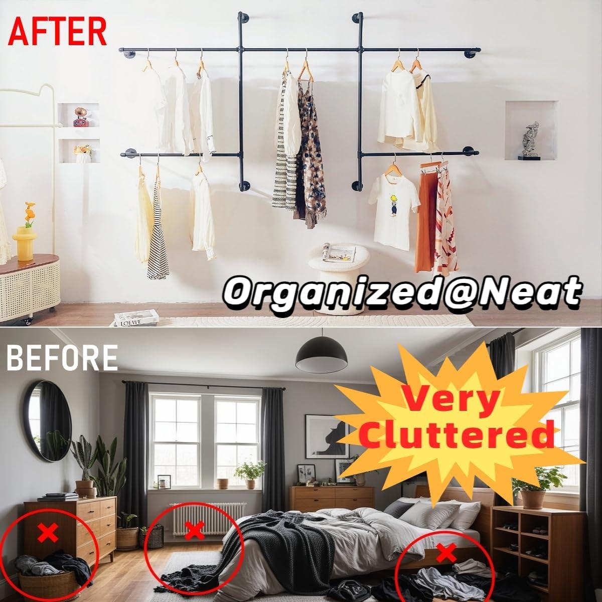 Industrial Pipe Clothes Rack Wall Mounted Clothing Rack,Heavy Duty Iron Pipe Garment Rods,Detachable Multi-Purpose Clothing Hanging Rod/Garment Bar, Black