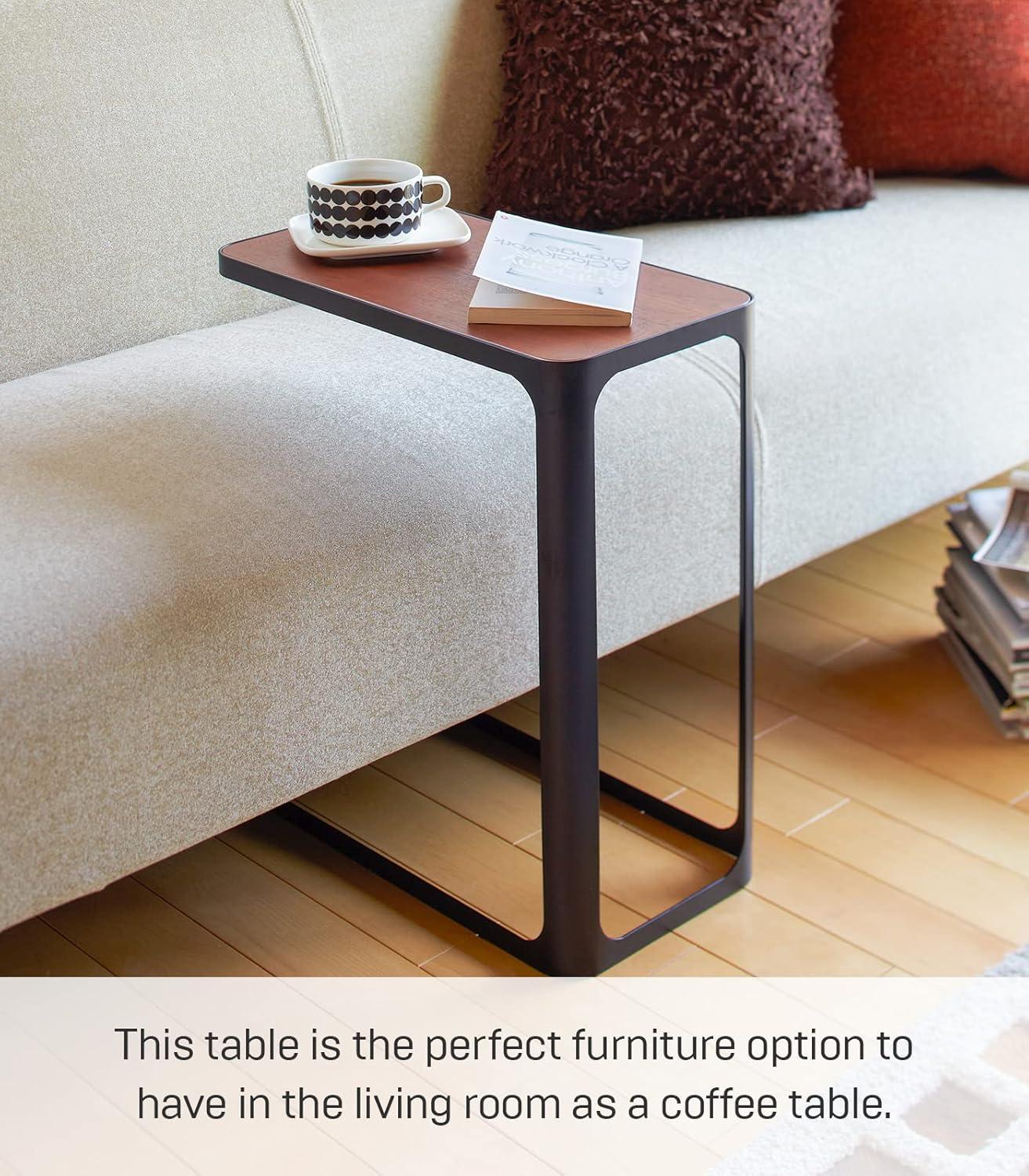 Compact C-Shaped Slim End Table with Metal Frame and Wood Top