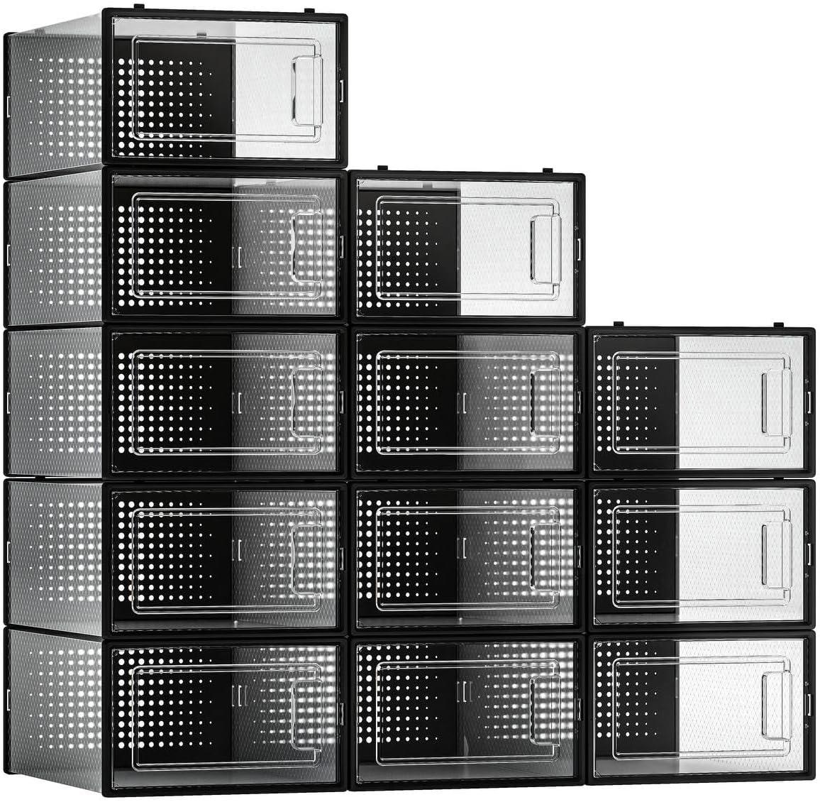 12 Pack Clear Plastic Stackable Shoe Storage Bins with Black Frame