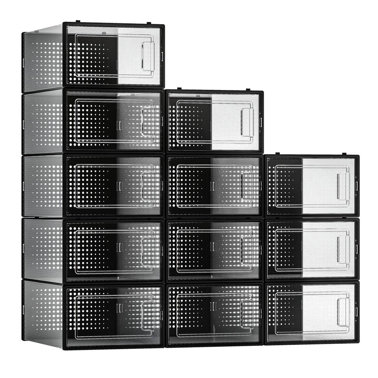 12 Pack Clear Plastic Stackable Shoe Storage Bins with Black Frame