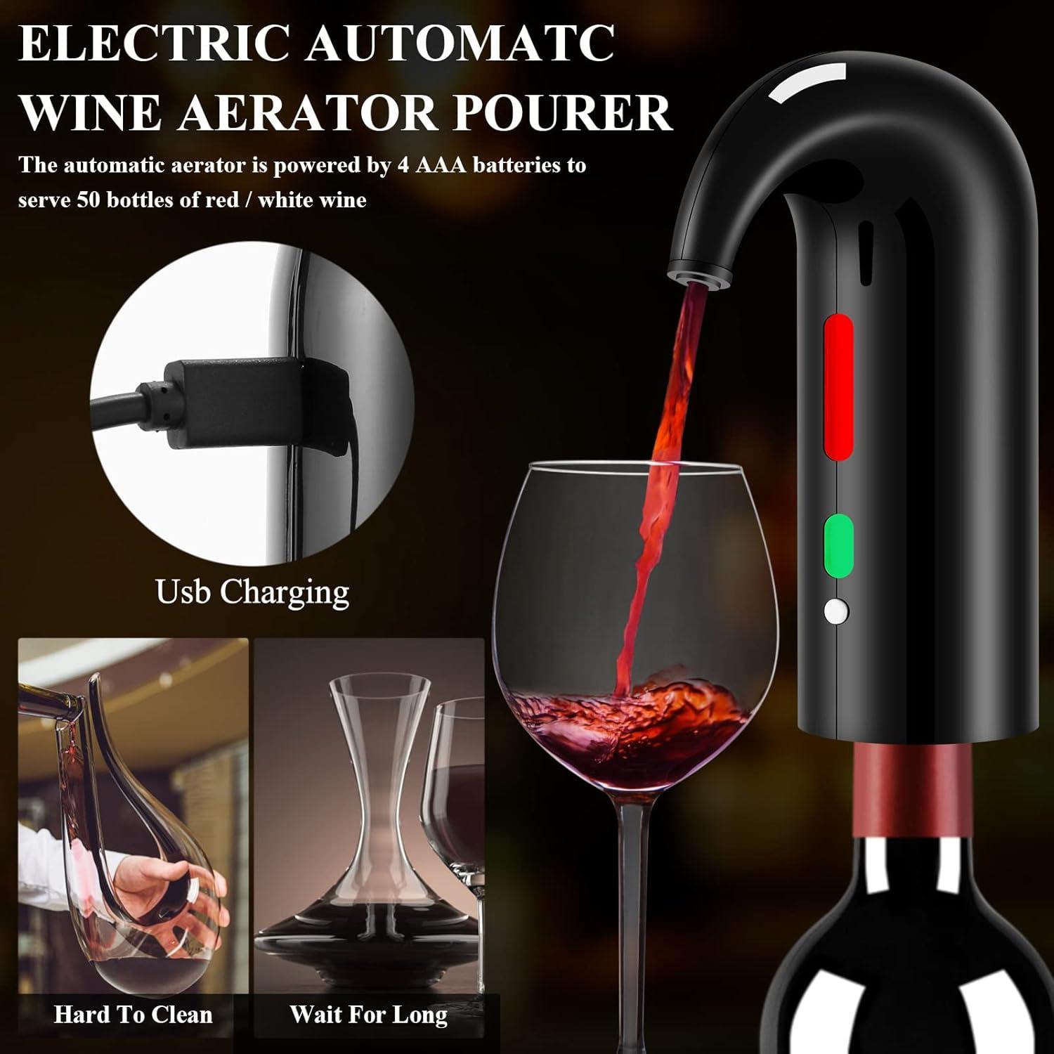 Wine Opener Christmas Day Gift Set with Electric Wine Bottle Opener, Wine Decanter&Wine Aerator and Pourer, wine stopper, Foil Cutter and EVA Storage Bag, Rechargeable and Automatic(Black)