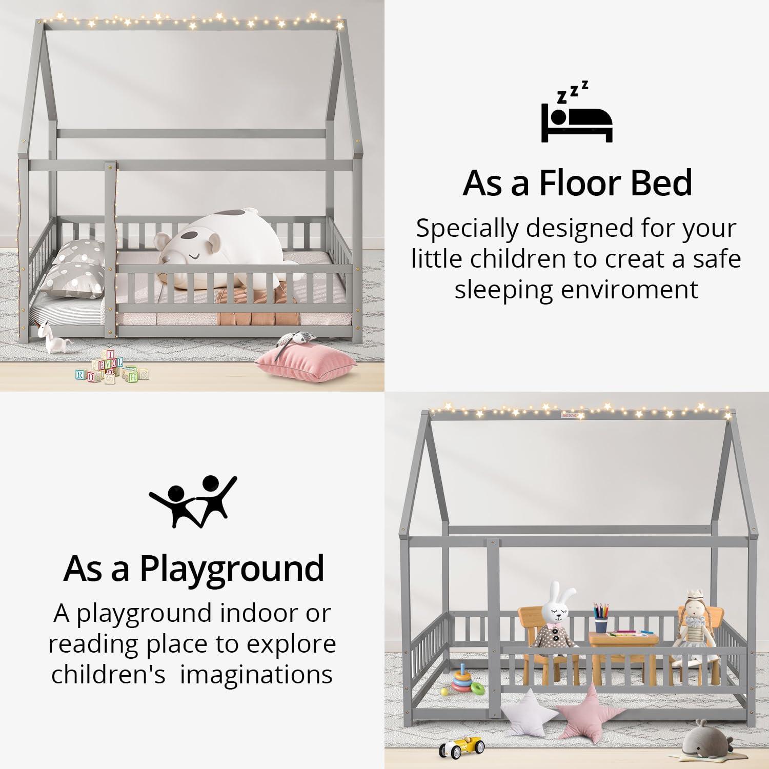 Twin Floor Bed for Kids, Wooden House Bed Frame with Roof, Fence Guardrails, Montessori Bed for Toddlers Girls Boys, Gray