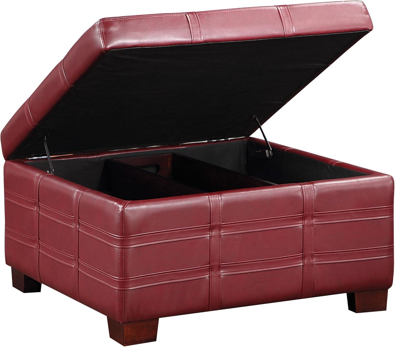 Detour Strap Square Storage Ottoman in Crimson Red Faux Leather