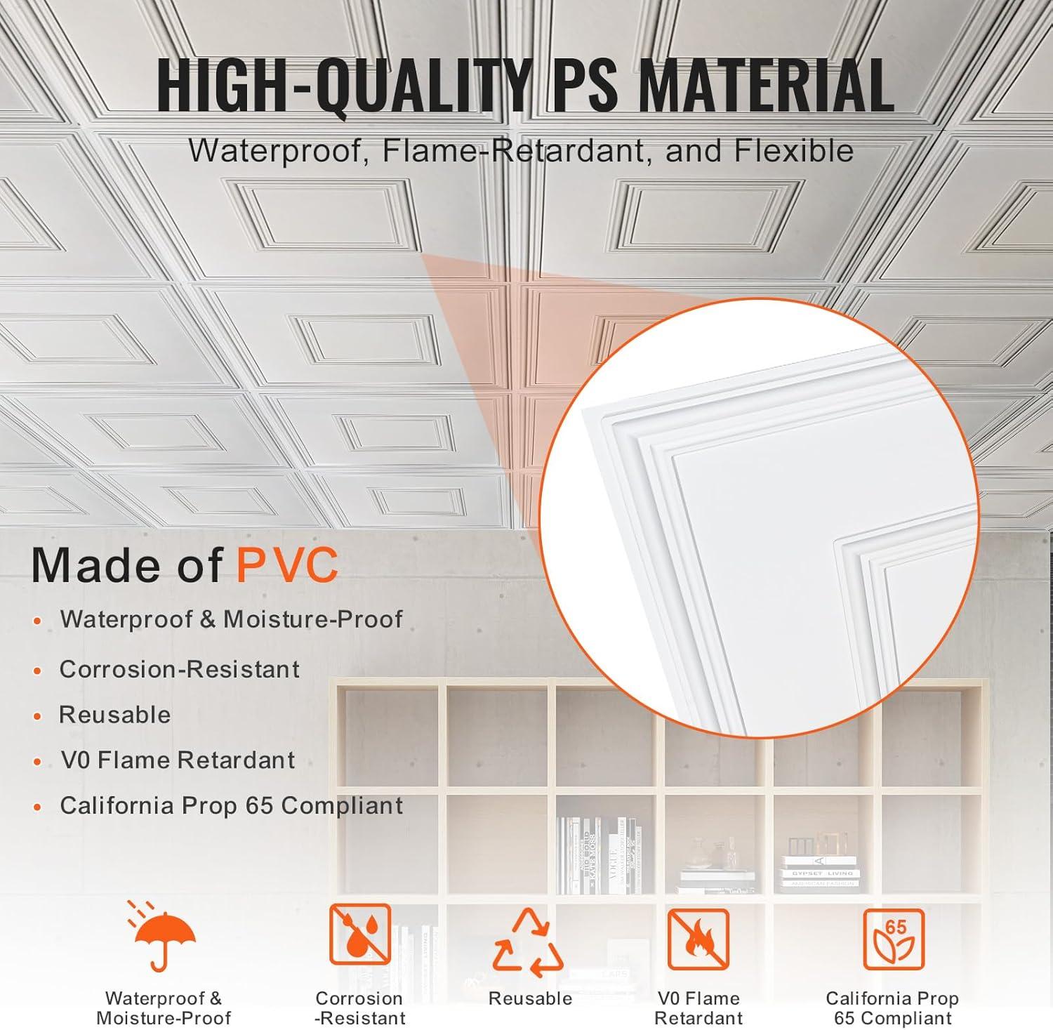 VEVOR Ceiling Tiles 12-Pack 24 x 24 in PVC Easy Installation White Geometric (Set of 12)