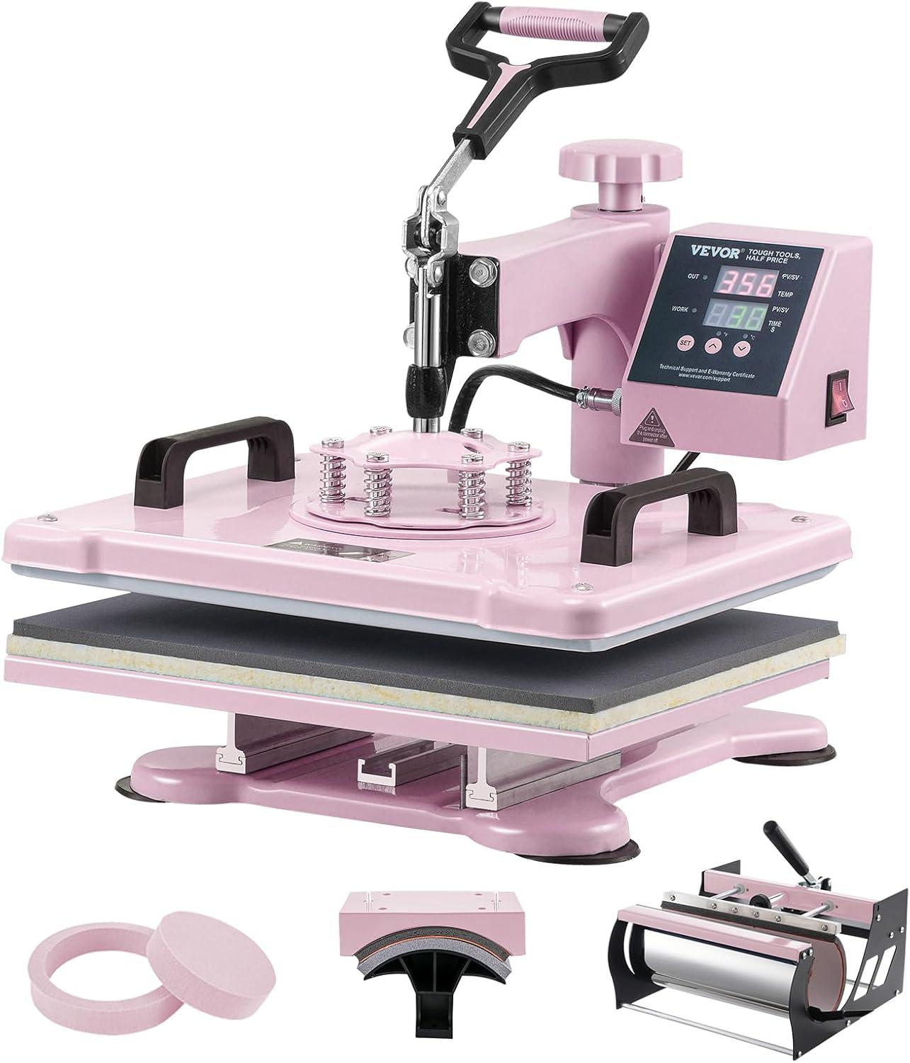 VEVOR Heat Press Machine 15x15 inch, Heat Press Machine for T-Shirts, 5 in 1 Heat Press with 30 OZ Tumbler Press, Combo Tumbler Heat Press Machine Sublimation for Hat Cap Mug Plate, Pink
