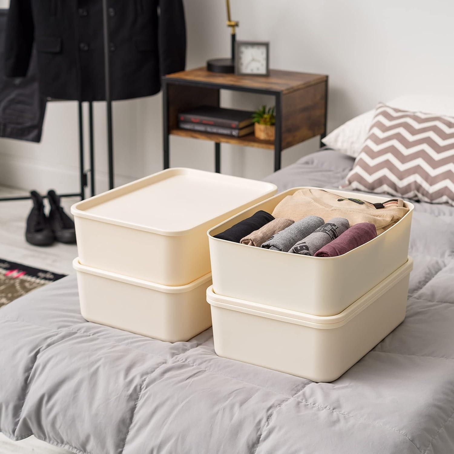 IRIS USA Plastic Modular Basket Bin & Lid, Medium, 4-Pack, Stackable Lidded Storage Organizer Bins for-Kitchen-Bathroom and Bedroom, OFF White