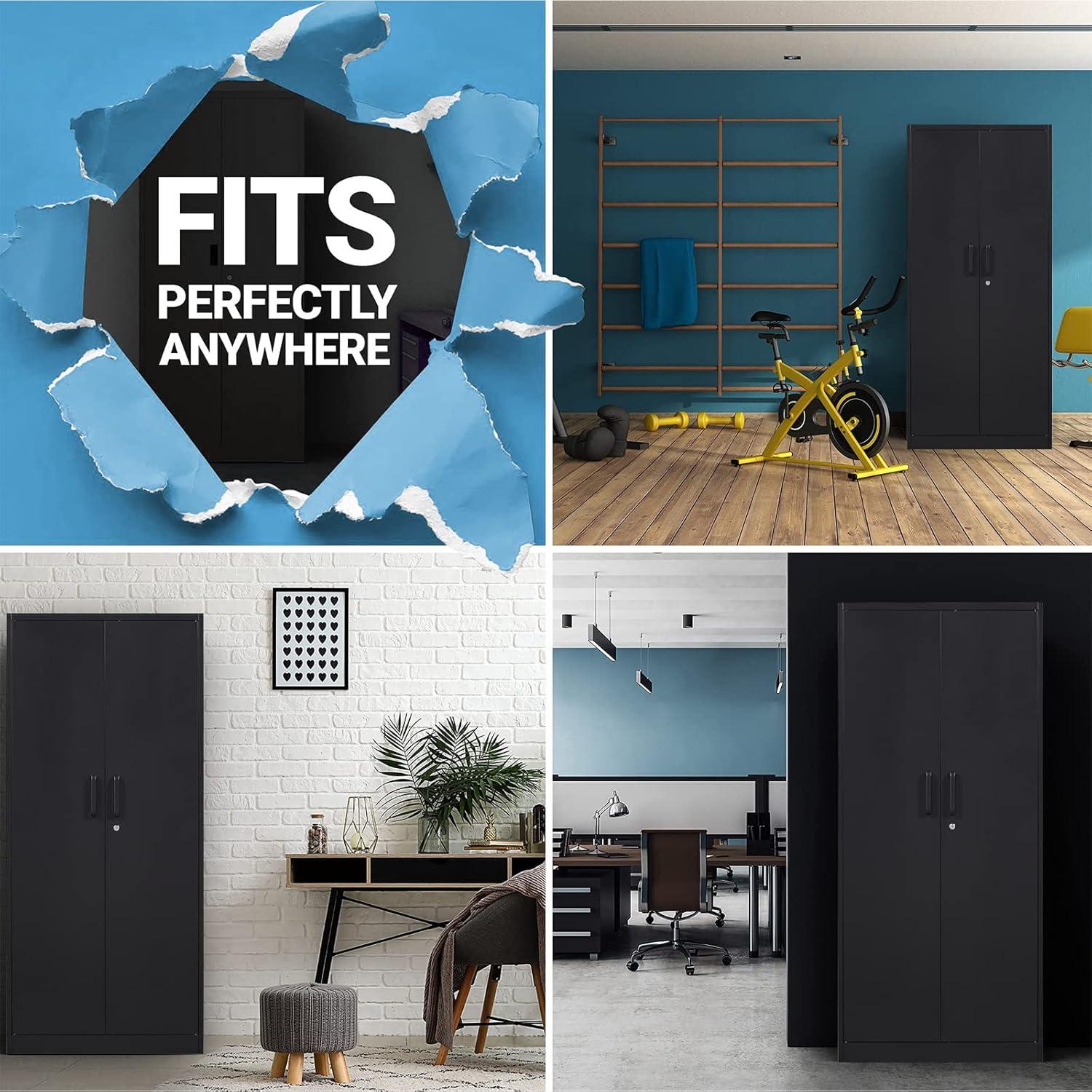 Metal Storage Cabinets with Lock, 71" Garage Storage Cabinet with 2 Door and 5 Adjustable Shelves, Steel Lockable Tool Cabinets for Home, Office, Gym, Garage