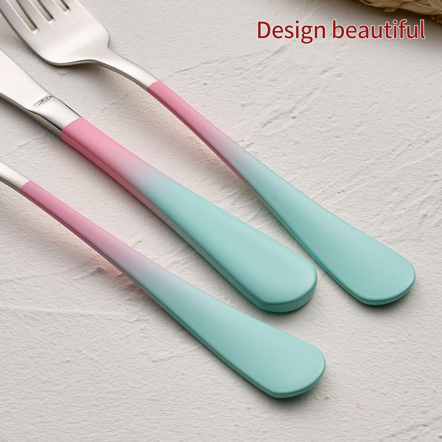 20-Pieces color Silverware Sets for 4,Pink and Green Handle Stainless Steel Cutlery Set, Include Forks Spoons and Knives Set, Dishwasher Safe Utensil Sets for Home Restaurant