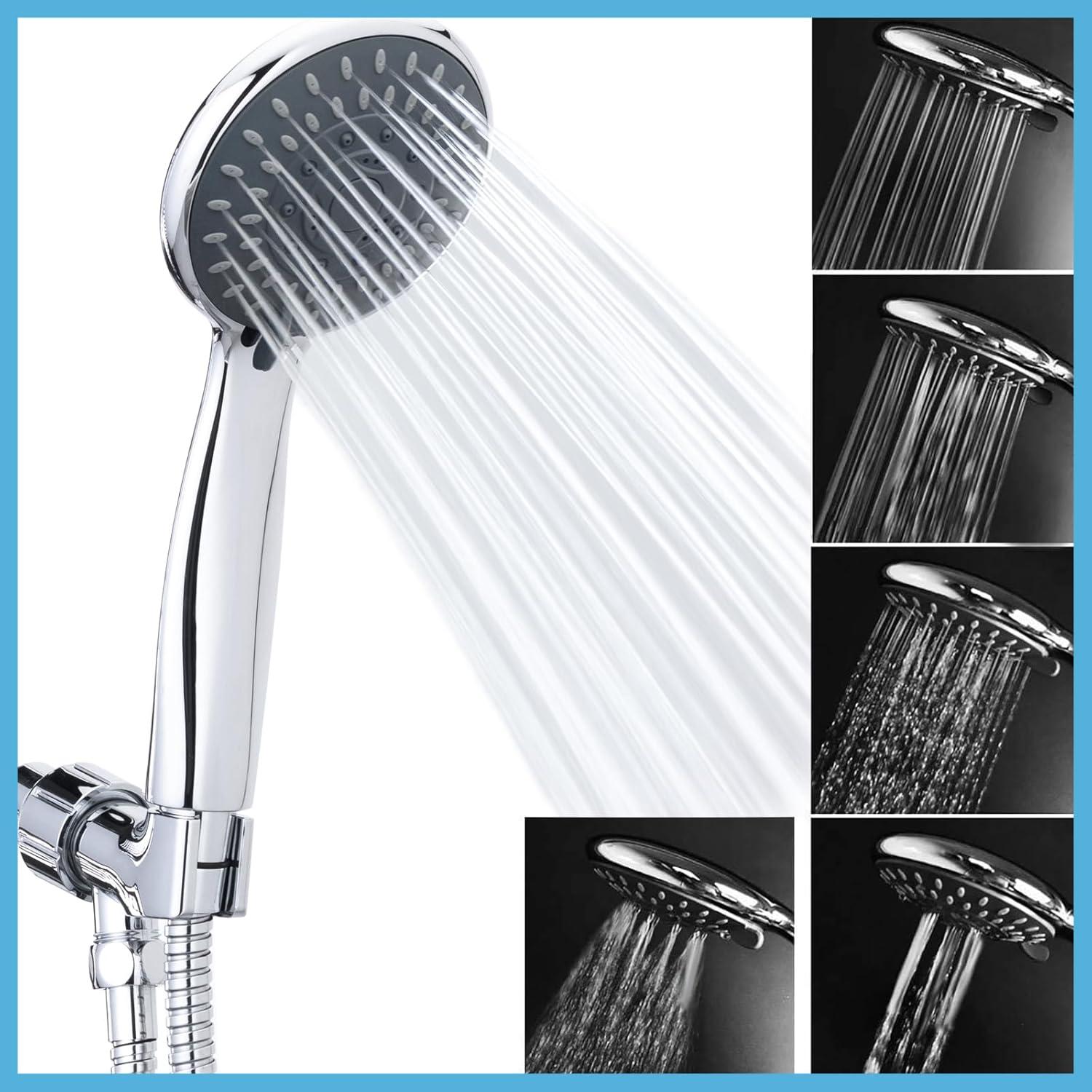 High Pressure Handheld Shower Head Briout 5-Settings Powerful Water Spray Shower Head against Low Pressure Water Flow with Stainless Hose and Adjustable Mount