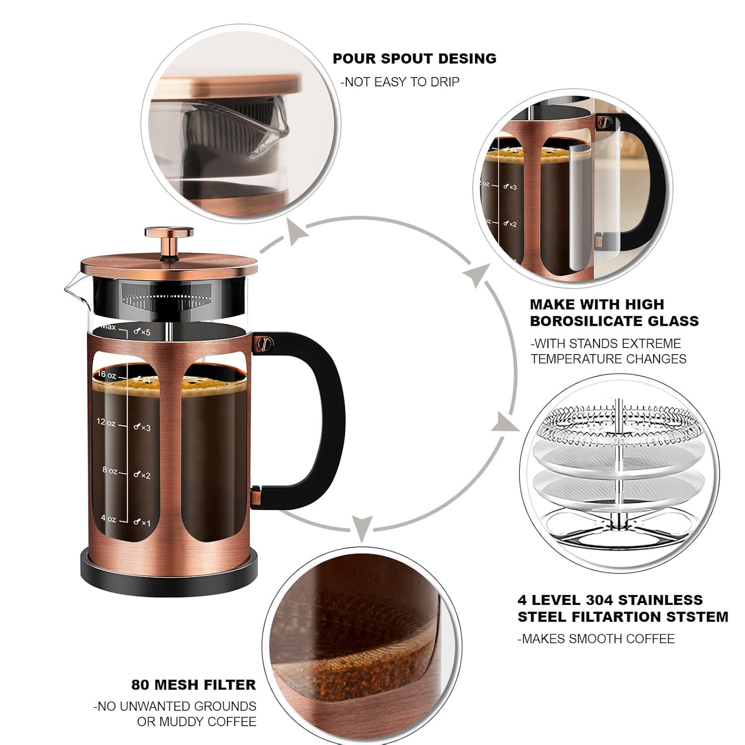 French Press Coffee Maker (21oz 600ML 3-4Cup) Coffee Press, with 4 Filters System, Heat Resistant Thickness Borosilicate Glass, Cold Brew Coffee Tea Pot Gifts (Copper)