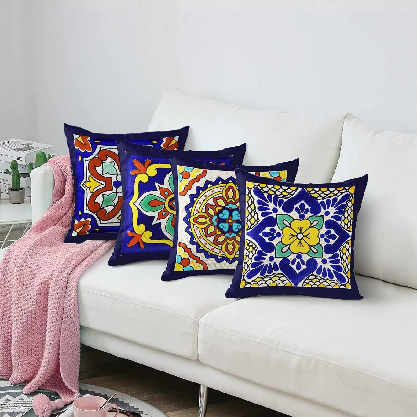 Exotic Geometry Linen Pillow Covers - Set of 4 Spanish Talavera Dark Retro Ethnic Home Decor 18"x18" Flax Cushion Cases Square Pillowcases