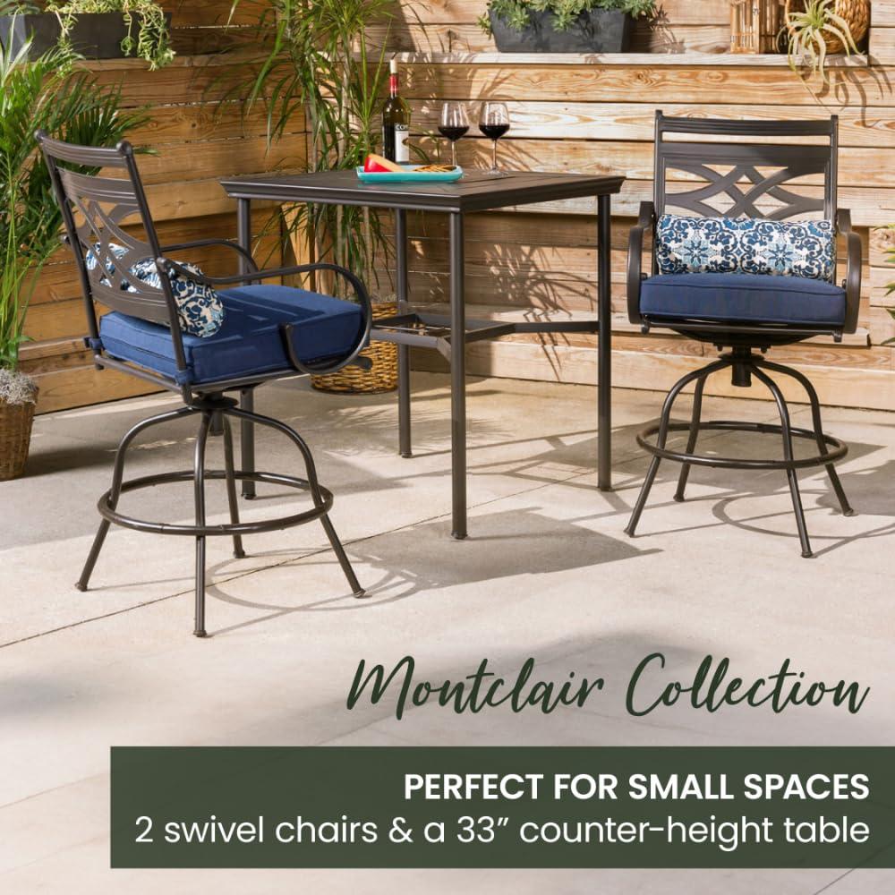Hanover Montclair 3-Piece All-Weather Outdoor Patio Bistro Dining Set, 2 Swivel Rocker Chairs with Comfortable Seat and Lumbar Cushions, 27" Square Stamped Rectangle Table, MCLRDN3PCSW2-NVY