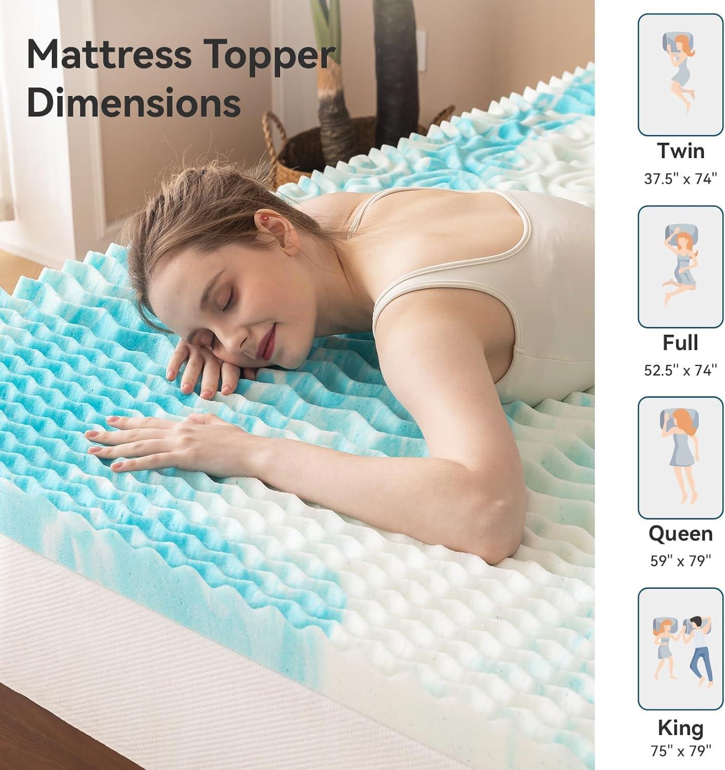 Mattress Topper Queen - 2 Inch Gel Memory Foam Mattress Topper Queen Size for Back Pain, CertiPUR-US Certified, Blue