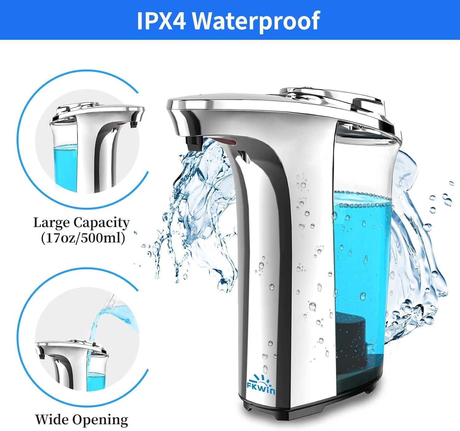 FKWin Automatic Soap Dispenser, Touchless Hand Soap Dispensers 17oz/500ml with 5 Adjustable Soap Levels, Kitchen Soap Dispensers, Liquid Hand Soap Dispenser Bathroom, Silver