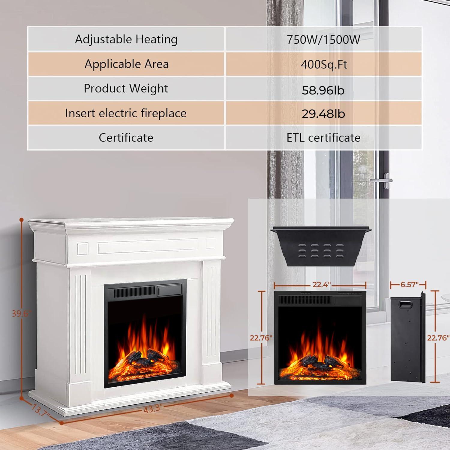 R.W.FLAME 43” Electric Fireplace Mantel, Freestanding Electric Fireplace, Remote Control, Adjustable LED Flame, PEARLWHITE